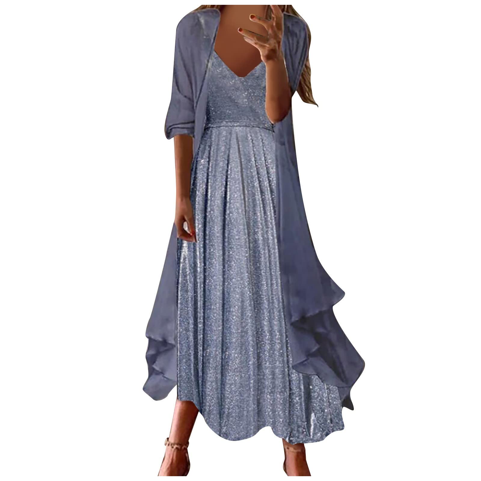 Women's Summer Floral Print Chiffon Two-Piece Dress Set - Flowy V-Neck Sleeveless Plus Size Outfit for Wedding Guest & Beach Vacation