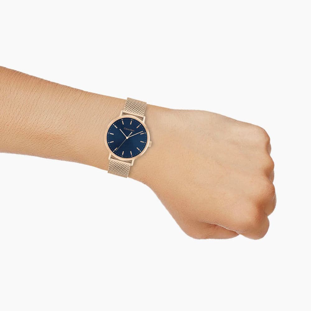 Calvin Klein Men's Watch with Blue Dial & Rose Gold Milanese Strap - Model 25200314 | Perfect for Business, Casual & Formal Occasions