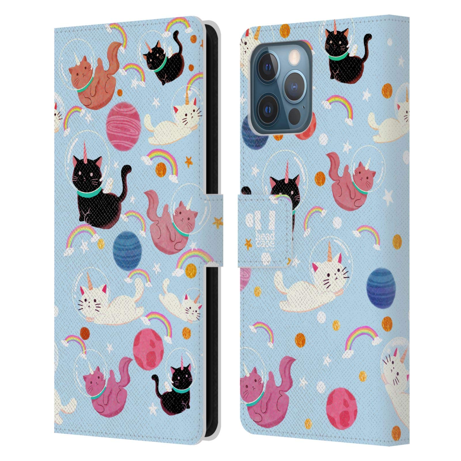 Premium Cat Space Unicorns Leather Book Wallet Case Cover for Apple iPhone 12 Pro Max - Stylish Protection for Everyday Use, Travel & Work
