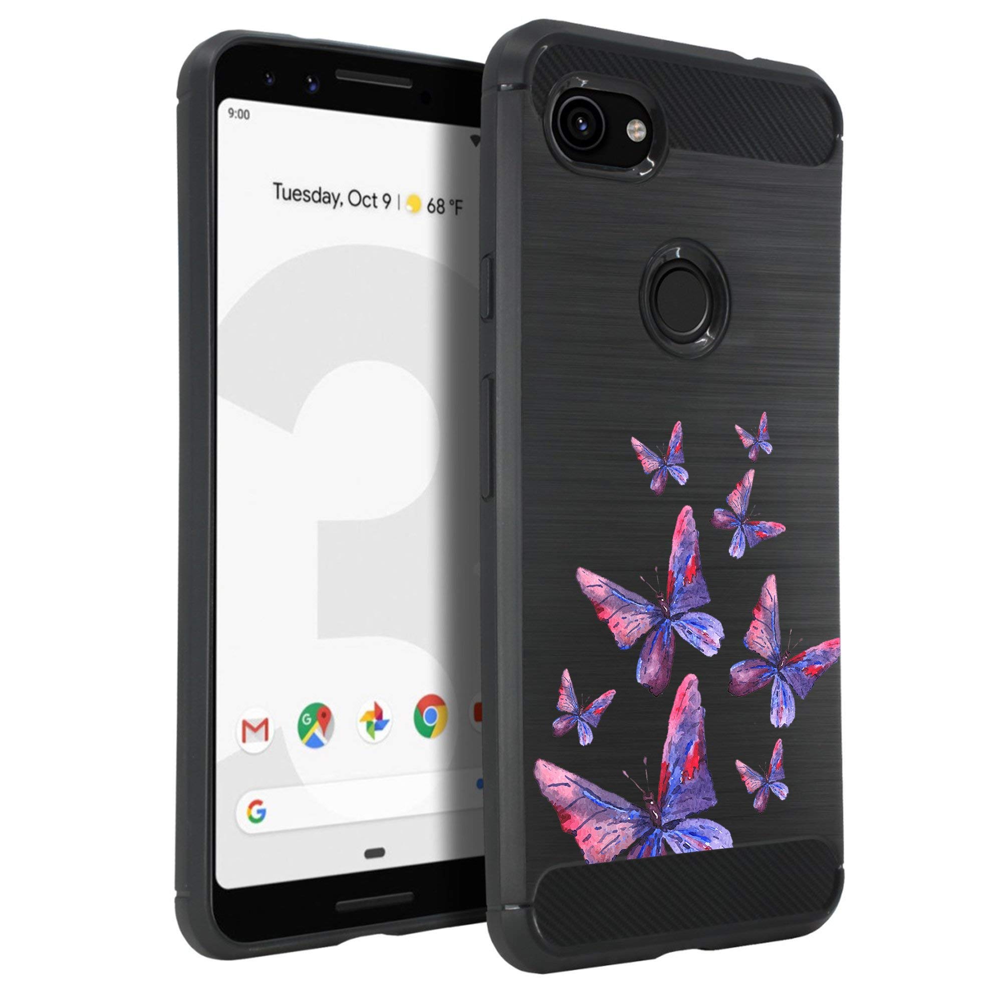 Google Pixel 3A Case - Tribal Floral TPU Cover with Carbon Fiber Texture | Purple Butterfly Design for Daily Protection