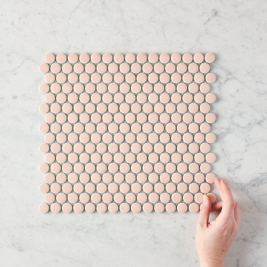 Broadwater Pink Gloss Penny Round Mosaic Tile - 10 Sheets (1 Sq Ft) - Waterproof Peel & Stick Backsplash for Kitchen, Bathroom, Shower, and DIY Home Decor