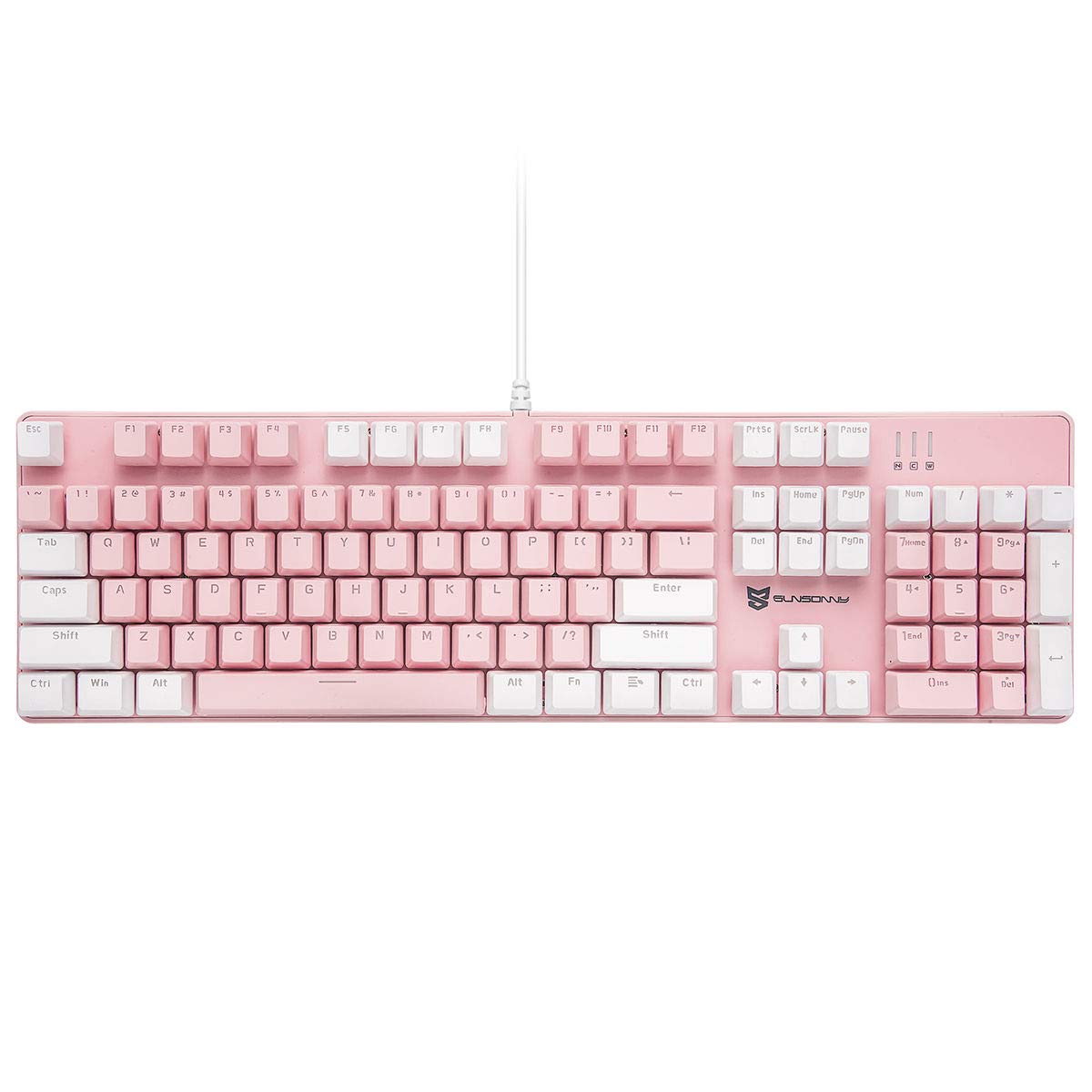 Qisan Mechanical Gaming Keyboard - Wired LED Backlit Keyboard with White & Pink Design, 104 Keys US Layout, Blue Switches, Detachable Cable - Perfect for PC Gaming, Office Work & Typing