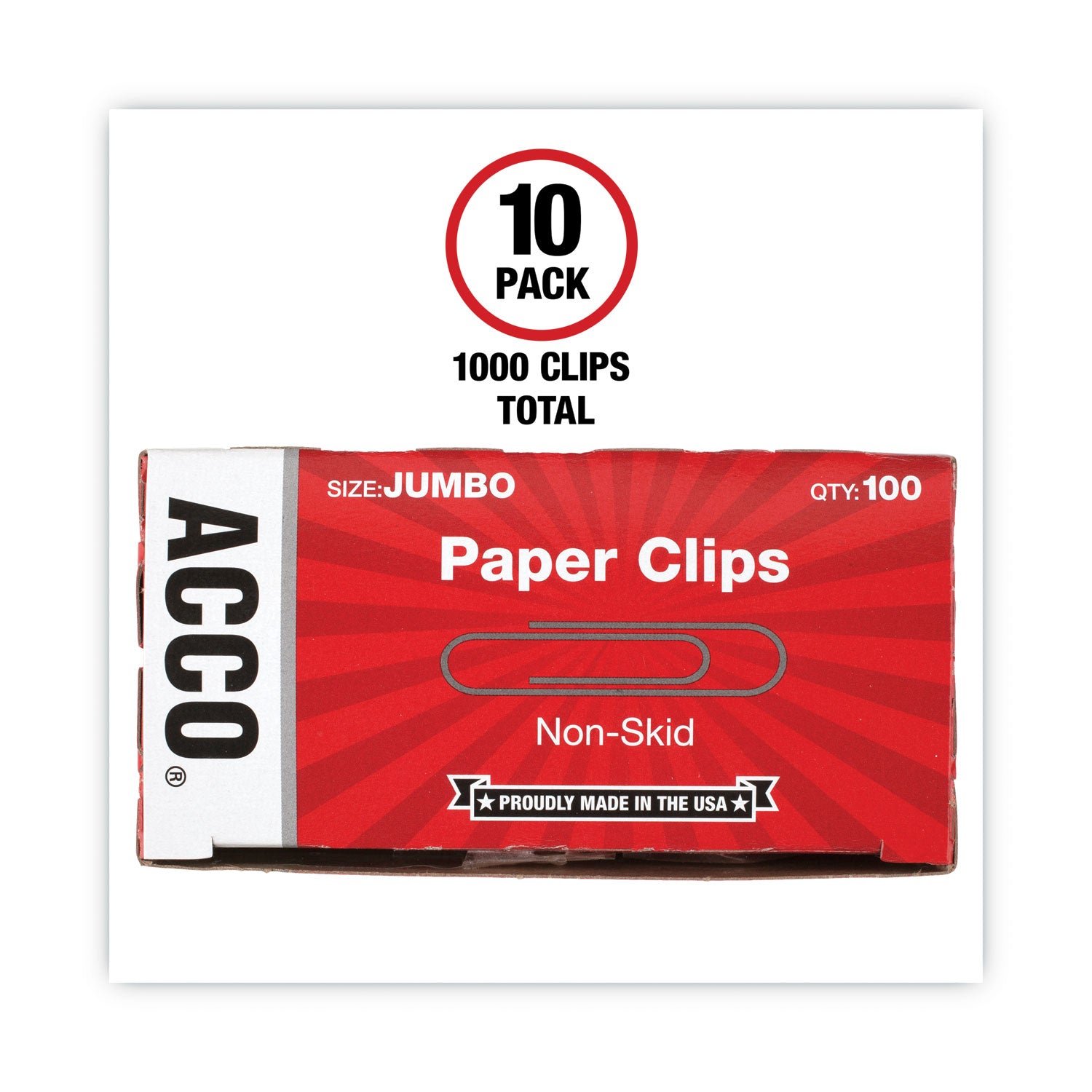 ACCO Jumbo Non-Skid Silver Paper Clips - 100 Clips per Box, 10 Boxes per Pack - Perfect for Office, School & Home Organization