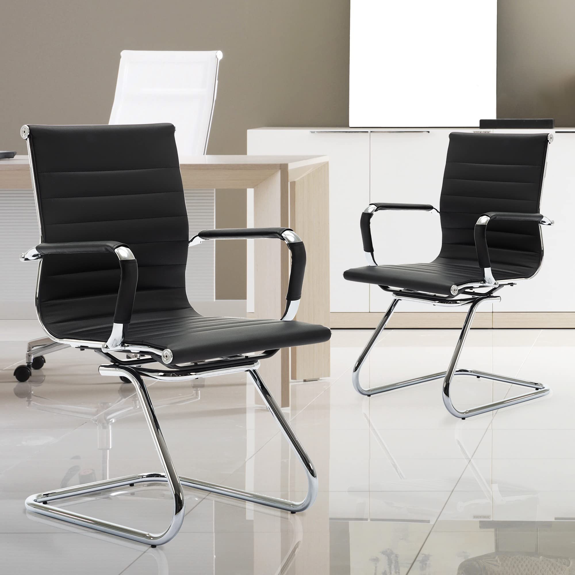 Wahson Office Guest Chairs Without Wheels - Leather Reception & Waiting Room Chairs - Mid Back Conference Chairs with Sled Base - Perfect for Meeting Rooms, Lobby Areas & Restrooms - Set of 2 Black Chairs - Ideal for Professional Offices, Waiting Areas & Corporate Spaces