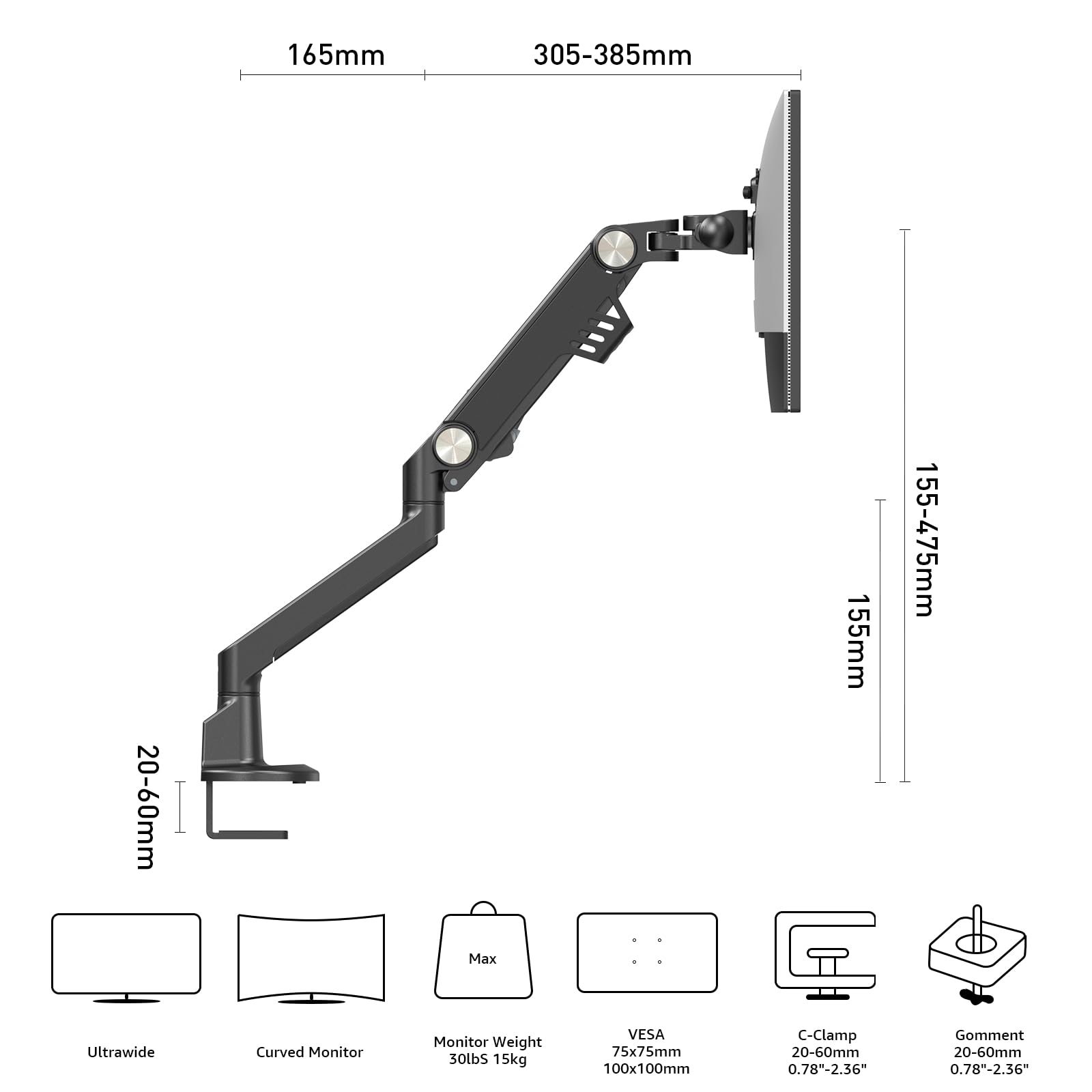BEWISER Single Monitor Arm Desk Mount - Adjustable Stand for 24 to 43 Inch Flat & Ultrawide Screens - Height, Swivel, Tilt & Rotation Adjustment - VESA Compatible, 30 lbs Capacity (Black) - Perfect for Home Office, Gaming Setup & Workspace Ergonomics