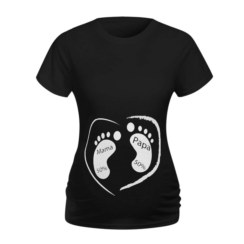 Women's Maternity T-Shirt - Cartoon Print Short Sleeve Pregnancy Top & Fold Down Panel Leggings Set | Comfortable Maternity Clothes for Pregnancy, Nursing & Everyday Wear