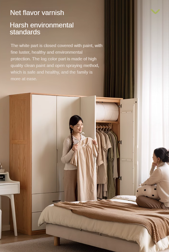 Oak Solid Wood Log Cream Style Wardrobe - Rustic Bedroom & Living Room Storage Furniture for Home Organization