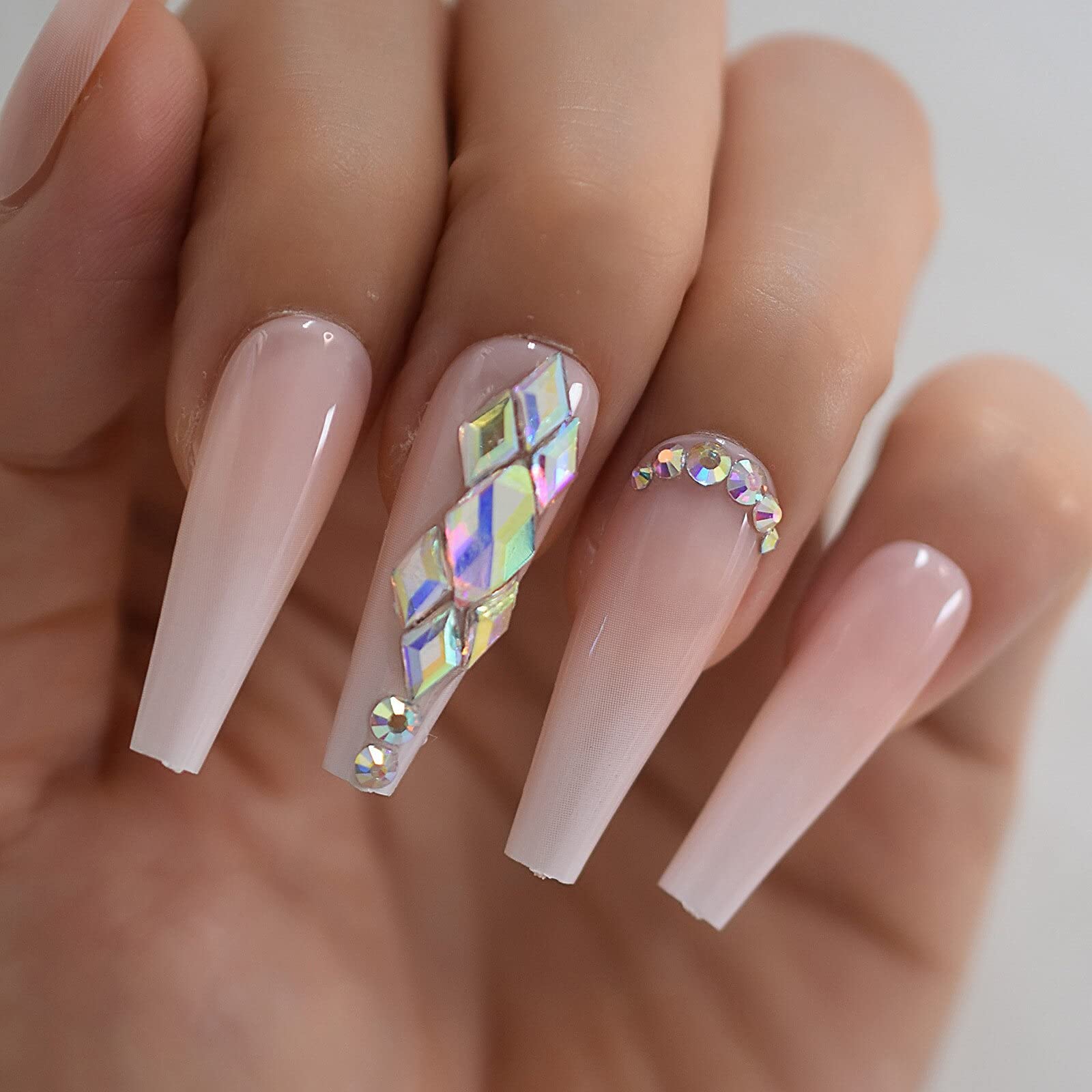 Extra Long Press On Fake Nails - Ombre 3D Bling Coffin Ballerina False Nails with Rhinestones | Perfect for Parties, Weddings & Special Occasions
