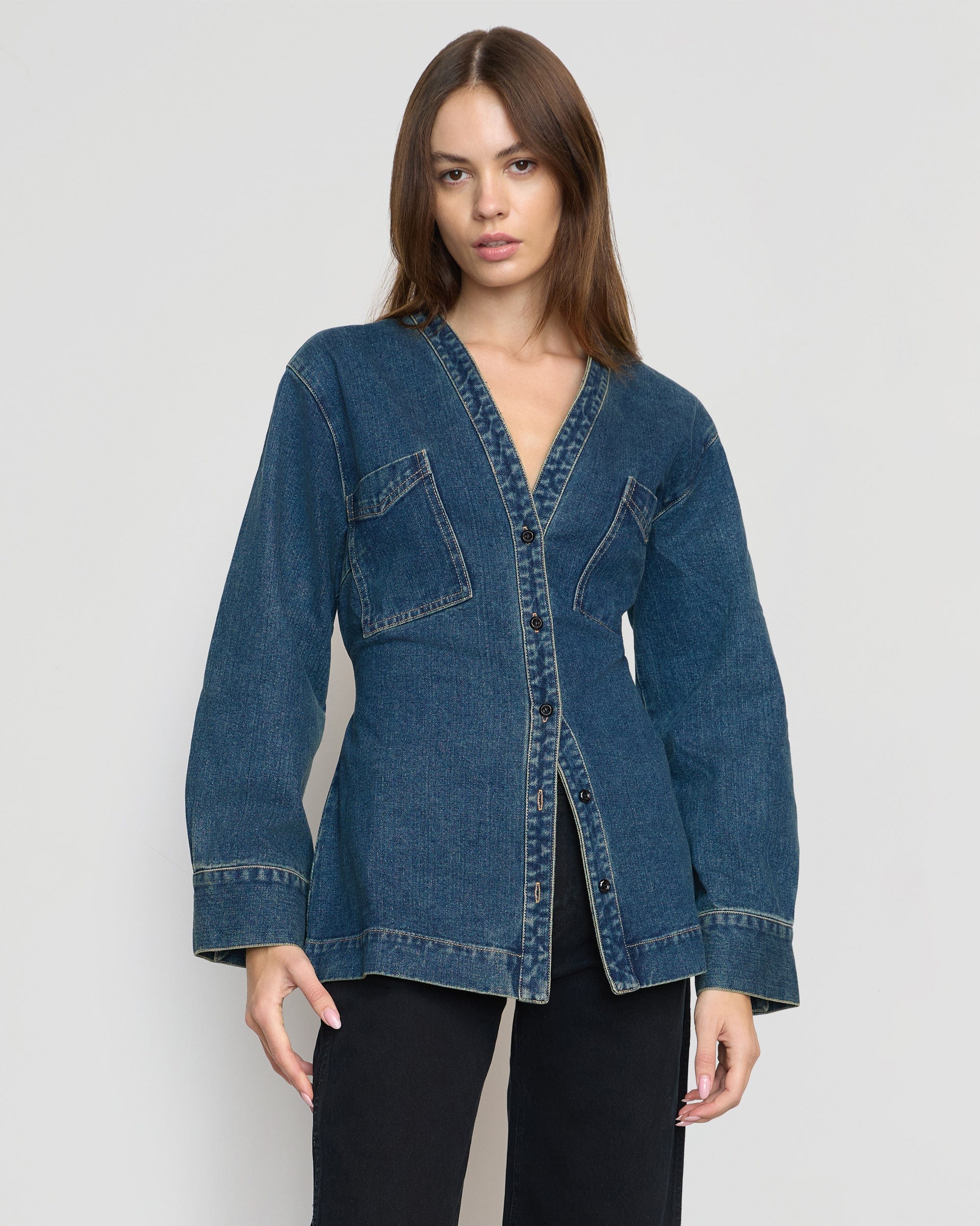Emmett Structured Sleeve Denim Jacket for Men - Classic Blue Distressed Denim Trucker Jacket with Button Closure | Perfect for Casual Outfits, Streetwear & Fall Layering