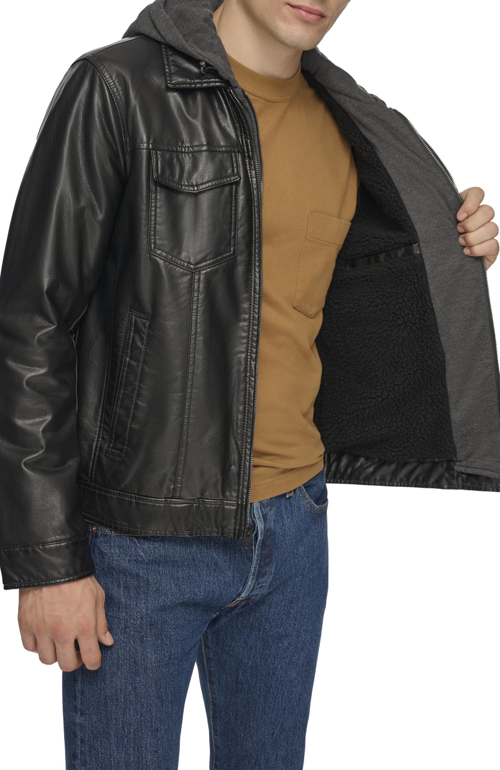 Levi's Men's Faux Leather Hooded Trucker Jacket with Sherpa Lining - Regular, Big & Tall Sizes | Stylish Winter Outerwear for Casual Wear & Outdoor Activities