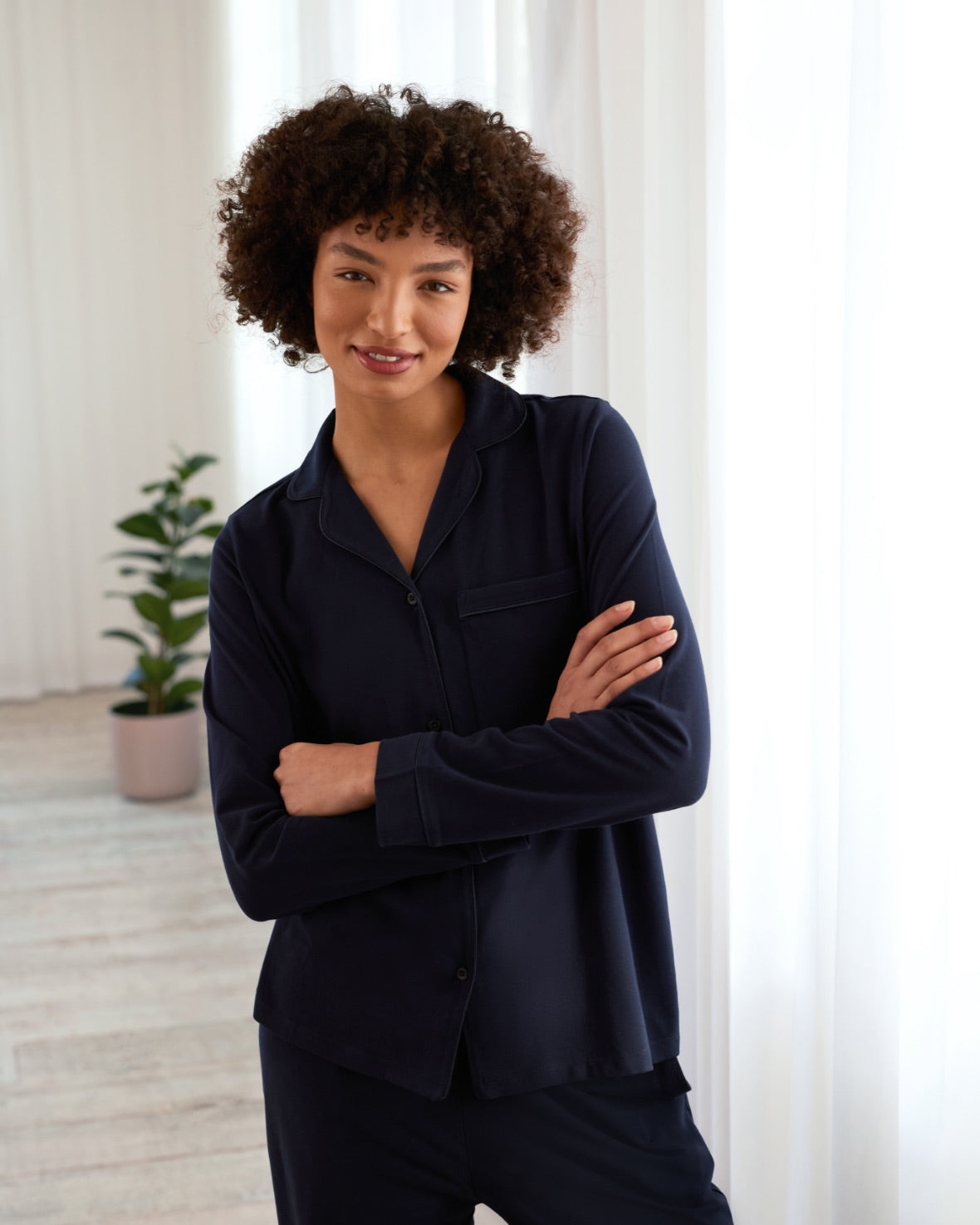 Organic Cotton Button-Up Long Sleeve Pajama Set for Women - Soft & Comfortable Sleepwear - Navy Blue Loungewear for Relaxing at Home or Travel