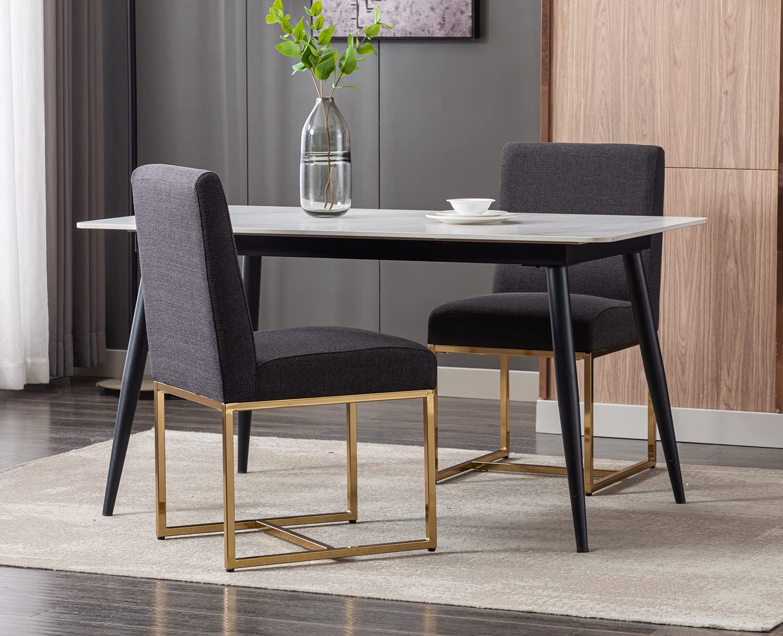 Mid Century Modern Upholstered Dining Chairs Set of 2 - Gold Metal Legs, Linen Fabric Padded Armless Side Chairs for Dining Room, Living Room & Bedroom - Comfortable Seating for Home Decor & Entertaining (Black, 2-Piece Set)