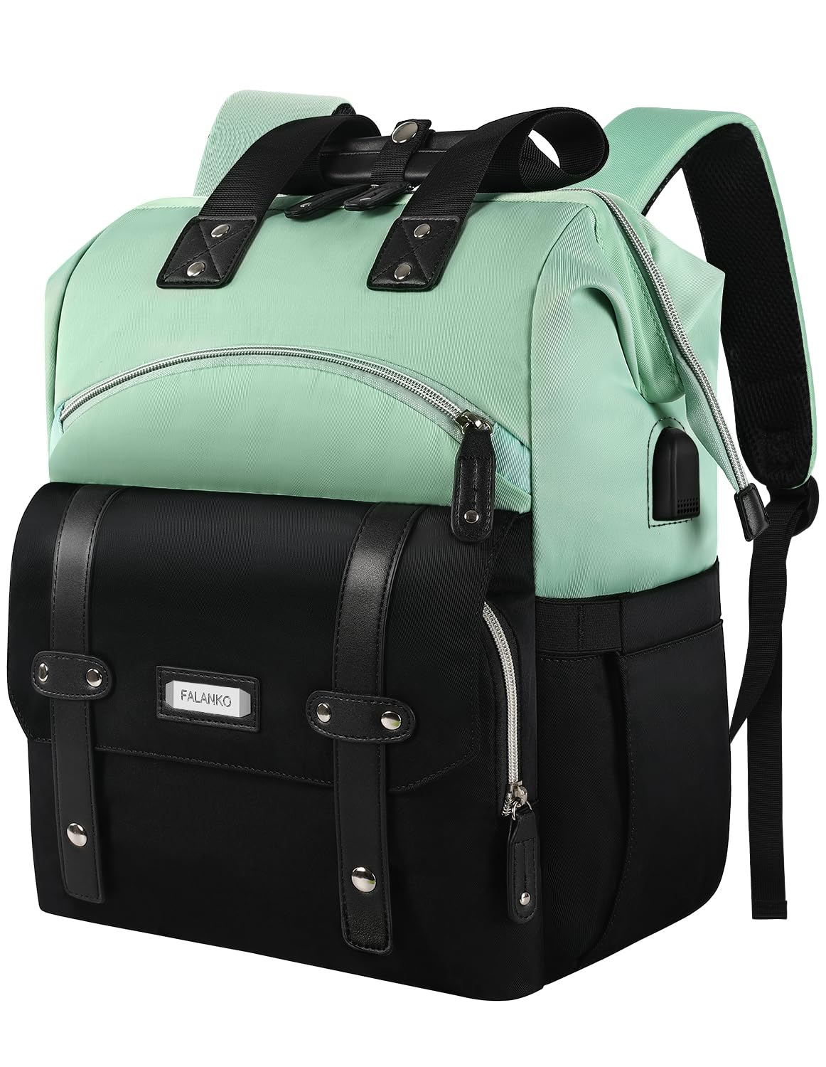 Stylish Women's Laptop Backpack with USB Charging Port - 15.6 Inch Anti-Theft College Backpack for Work & Travel - RFID Protection Shoulder Bag in Green & Black | Perfect for Students, Teachers & Business Professionals | Ideal for Commuting, Campus Use & Business Trips