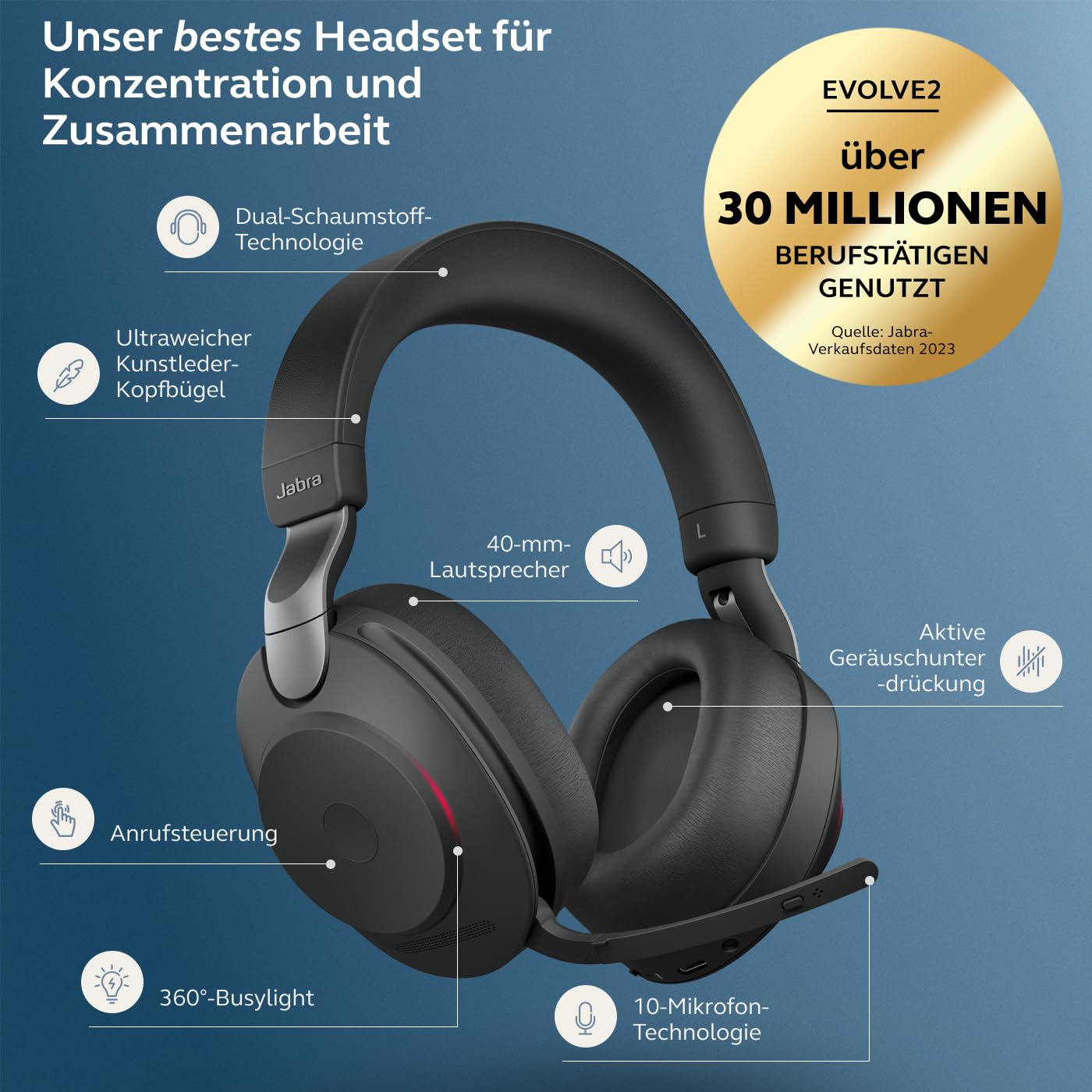 Jabra Evolve2 85 Wireless PC Headset with Active Noise Cancelling – UC Certified Stereo Headphones for Office & Remote Work – 37-Hour Battery Life – Includes USB-A Bluetooth Adapter – Black – Perfect for Video Calls, Online Meetings & Focused Work Sessions
