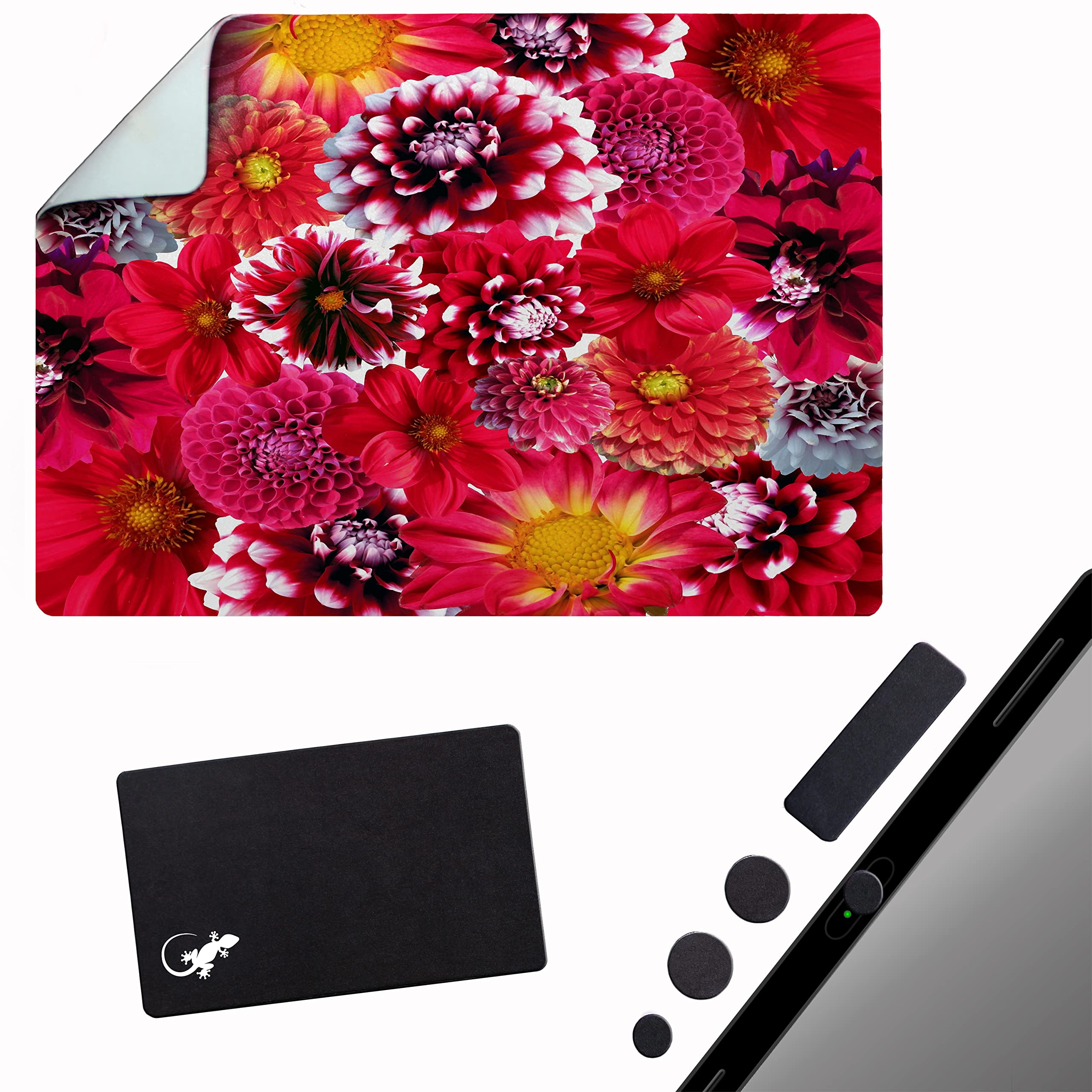 Non-Slip Adhesive Mouse Pad - Sticky & Reusable Peel-and-Stick Design for Laptop, Desk, Glass & Any Surface - Portable Travel Mouse Mat with Precise Tracking - Dahlia Flower Pattern - Perfect for Office, Home & Gaming Setup