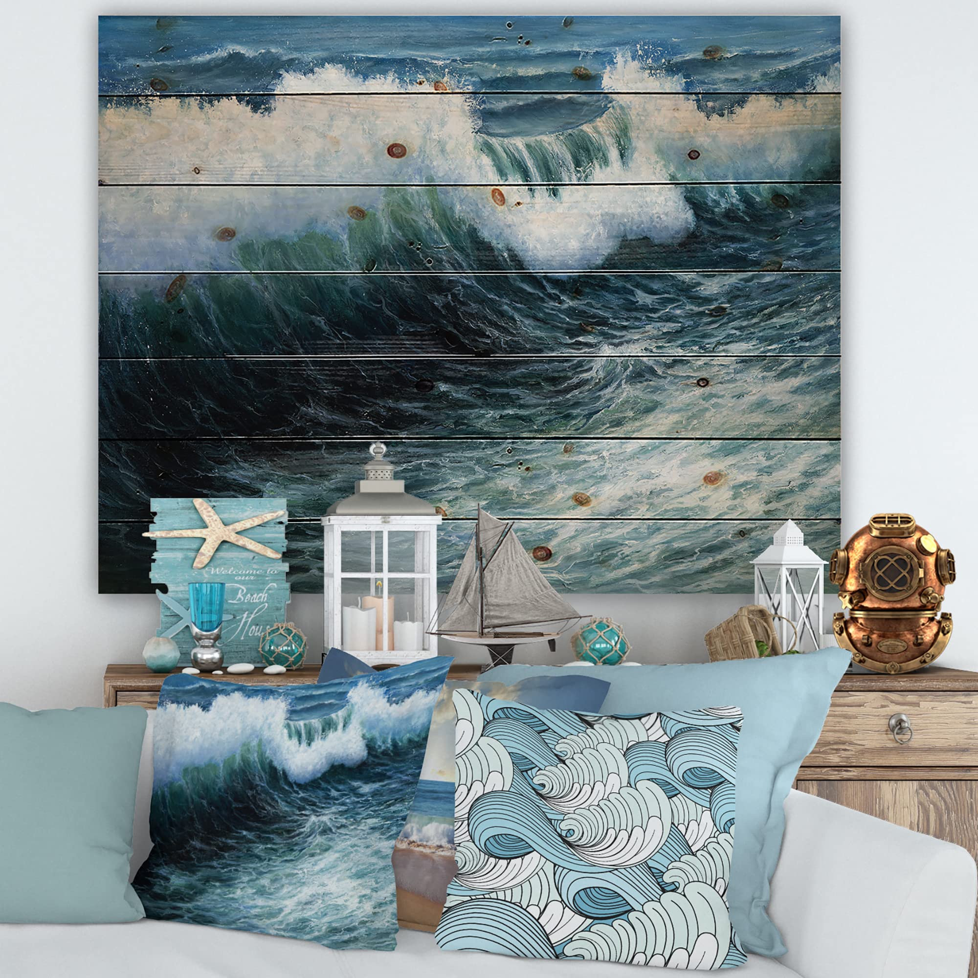 DesignQ Storm Waves In The Ocean Nautical Wood Wall Art - Blue Coastal Decor, Large Beach Wood Wall Panels Printed on Natural Pine - Perfect for Living Room, Bedroom & Beach House Decor