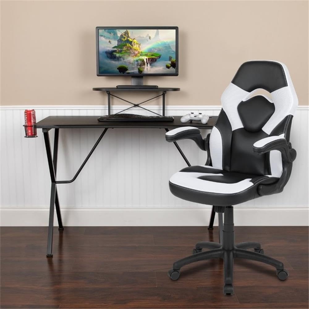 BOWERY HILL 2-Piece Gaming Desk Set with Monitor Stand - Black & White Computer Desk for PC Gaming Setup, Home Office & Streaming Station