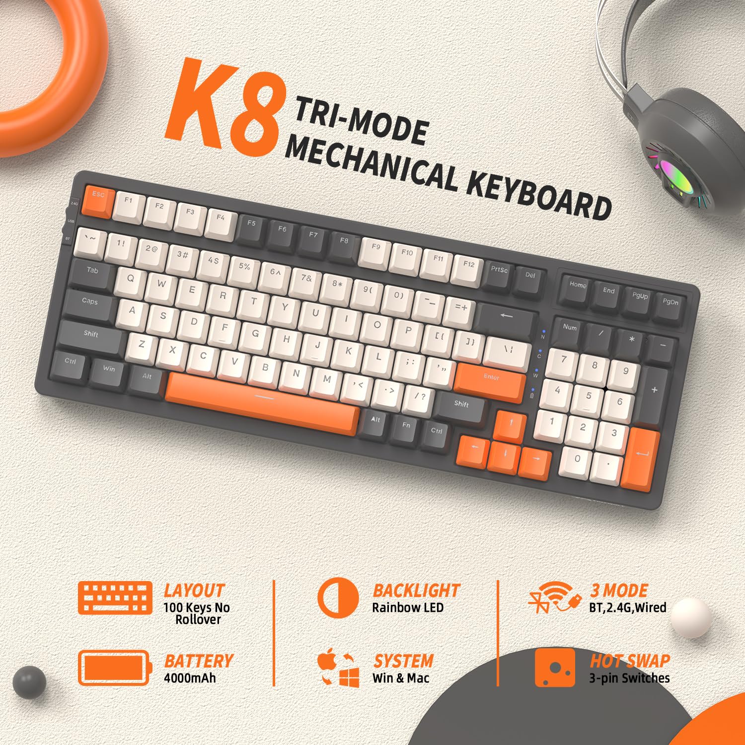 FREEWOLF K8 Wireless Mechanical Gaming Keyboard - Hot Swappable RGB Backlit, Red Switches, Bluetooth 5.0/2.4Ghz/USB-C Tri-Mode, 4000mAh Battery, US Layout for Mac/Windows (Grey/Orange) - Perfect for Gaming, Office Work & Typing Enthusiasts