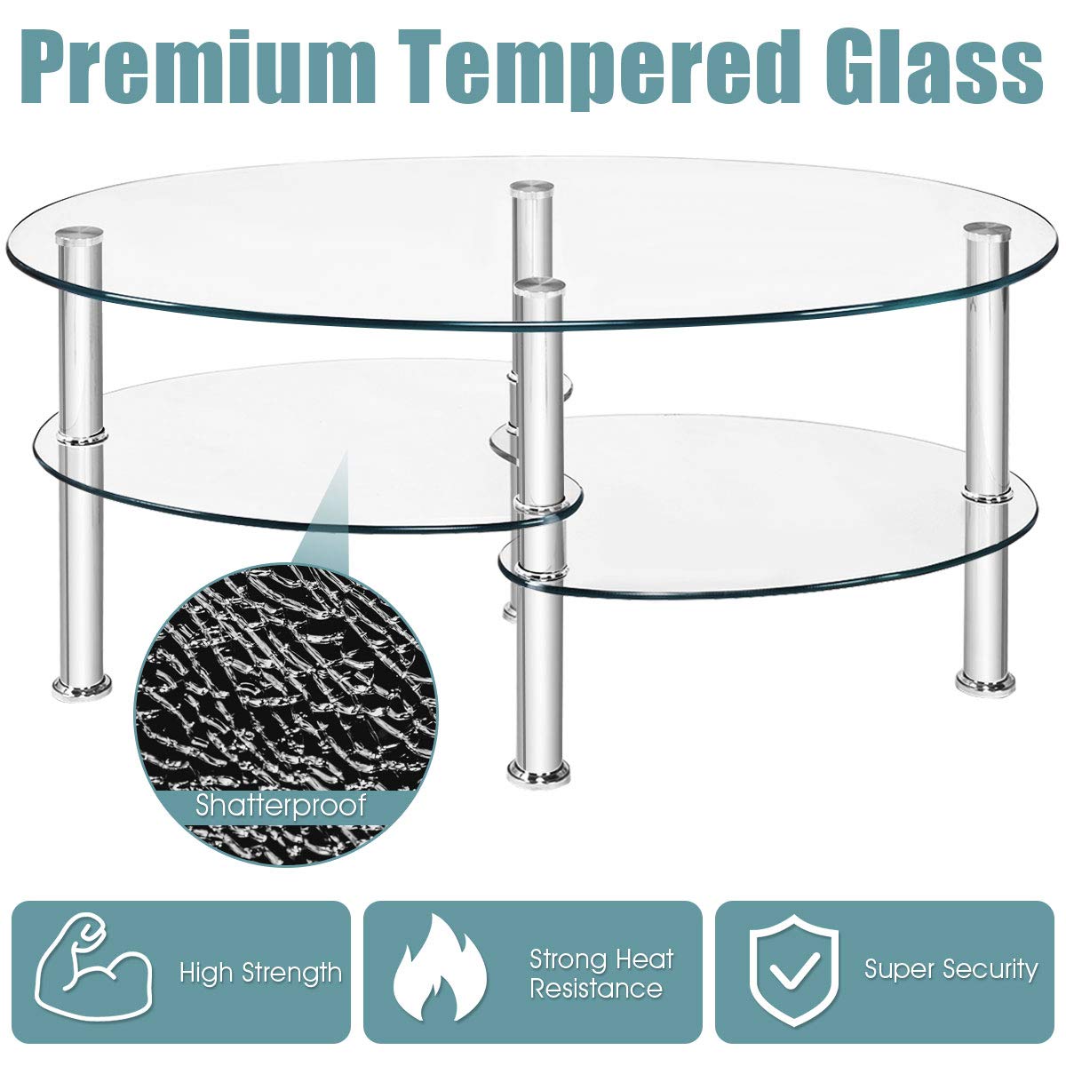 Modern Oval Glass Coffee Table with Storage - POWERSTONE Stylish Center Table for Living Room, Apartment & Home Office | Perfect for Small Spaces, Entertaining Guests & Displaying Decor