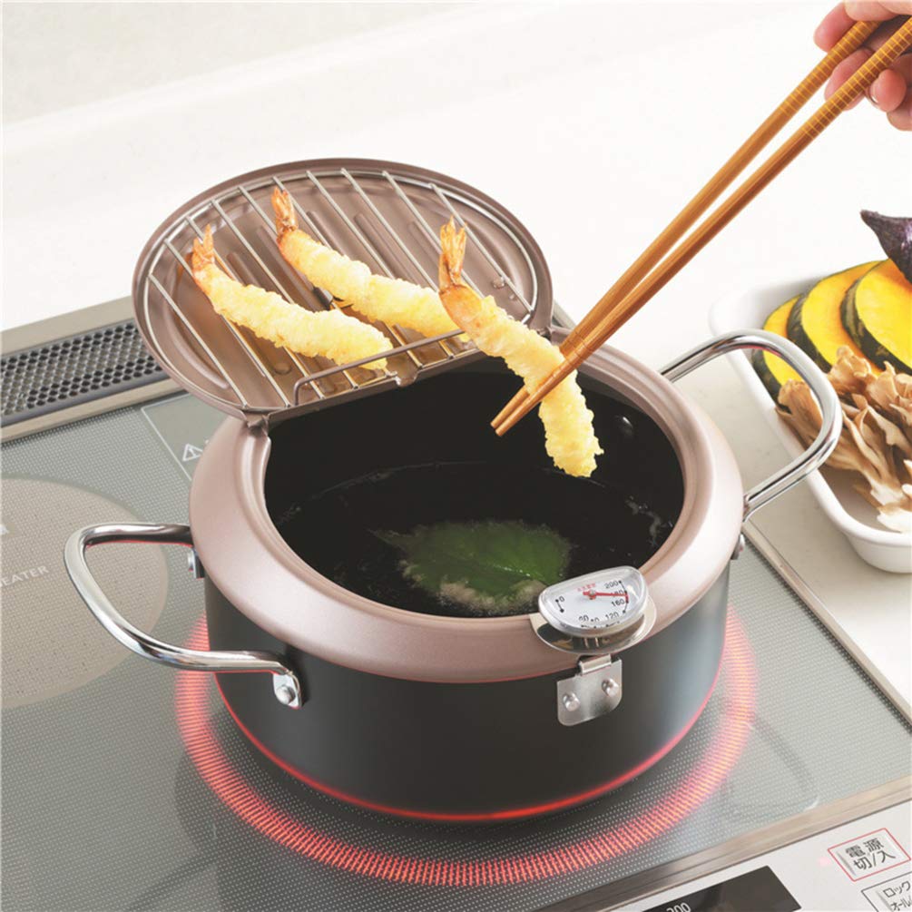 Oil Saving Deep Fryer Pan with Thermometer - Temperature Control Kitchen Fry Pot for Chicken, Potato & Seafood | Perfect for Home Cooking, Frying, and Japanese-Style Tempura