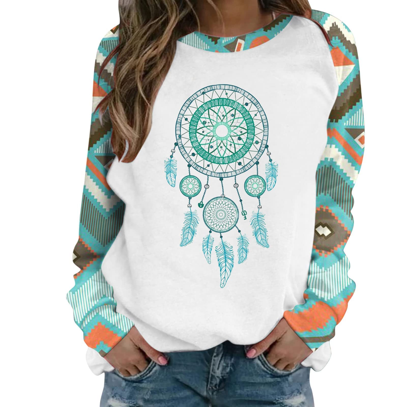 Women's Holiday Tunic Sweatshirt - Oversized Crewneck Long Sleeve Pullover with Dreamcatcher Print | Casual Winter Wear, Christmas Party Outfit, Cozy Lounge Top