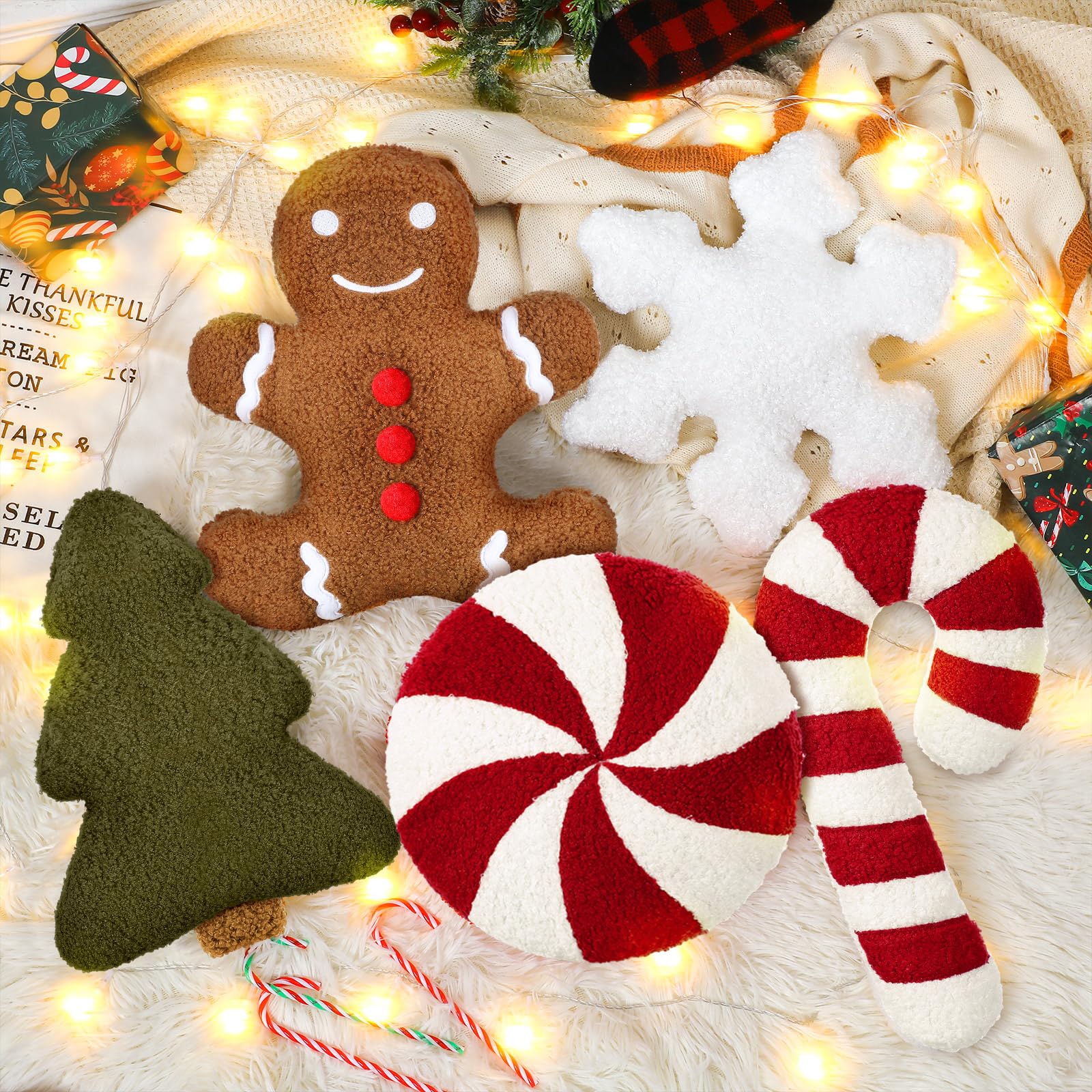 5 Pack Christmas Throw Pillows Set - Festive Holiday Decor with Christmas Tree, Gingerbread Man & Snowflake Designs - Red & White Striped Candy Cane Peppermint Shaped Cushions for Sofa, Bed, Couch - Perfect for Home Decor & Christmas Party Decoration