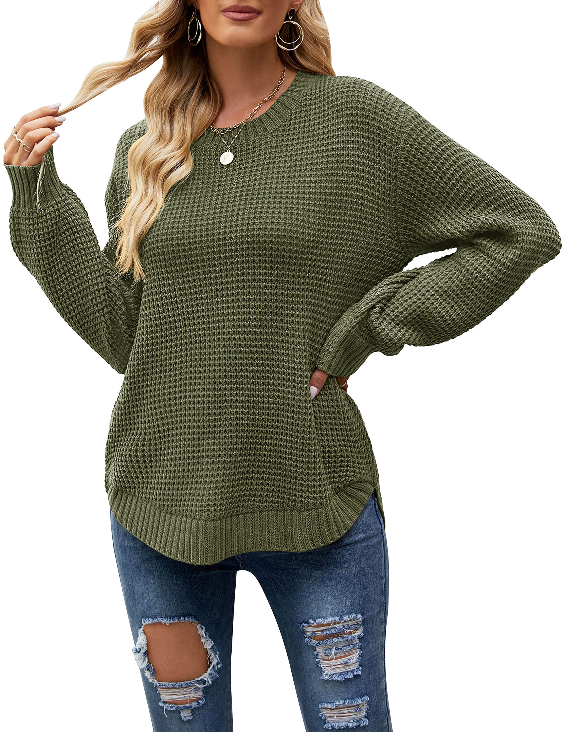 MEROKEETY Women's 2024 Fall Waffle Knit Sweater - Long Balloon Sleeve Loose Pullover Jumper - Cozy Casual Knitwear for Autumn Outfits, Office Wear & Coffee Dates