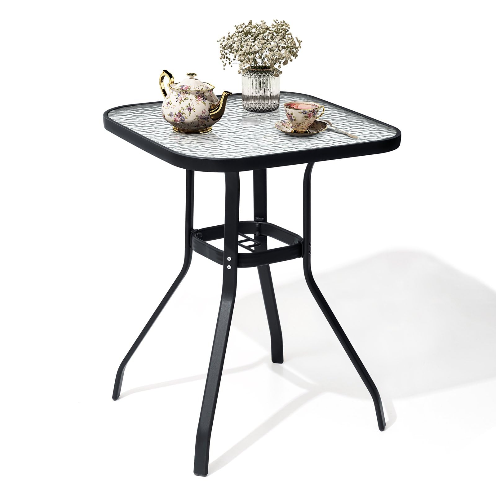 **Outdoor Bar Table with Umbrella Hole - Aluminum Frame & Tempered Glass Top Patio Dining Bistro Table - Durable Banquet Furniture for Garden, Pool, Deck, Lawn (Black) - Perfect for Outdoor Entertaining & Relaxation**