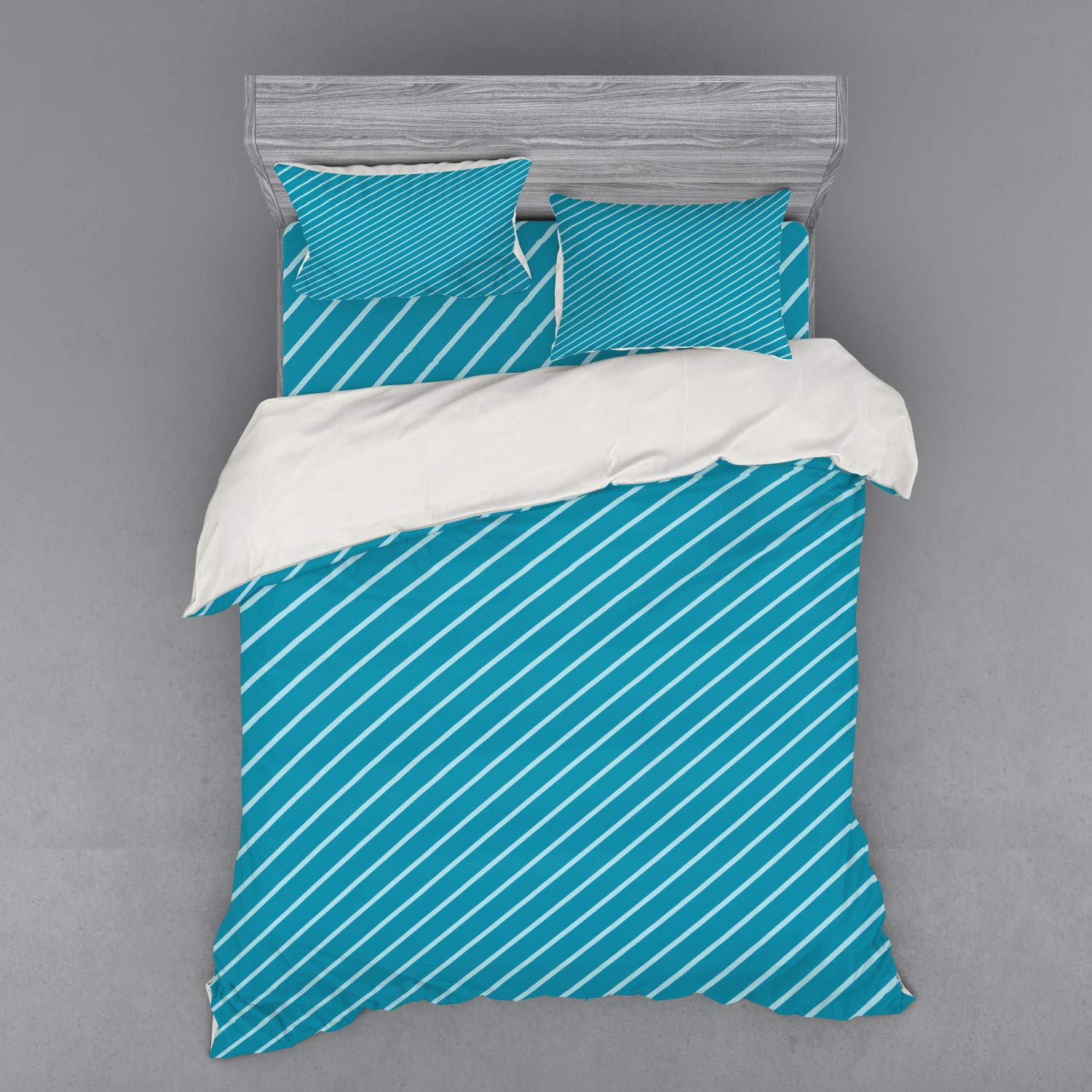 Ambesonne Geometric Queen Size Bedding Set - 4 Piece Diagonal Striped Duvet Cover with Shams & Fitted Sheet, Mediterranean Cruise Inspired Ocean Blue Teal Design | Perfect for Coastal Themed Bedrooms, Guest Rooms & Vacation Homes