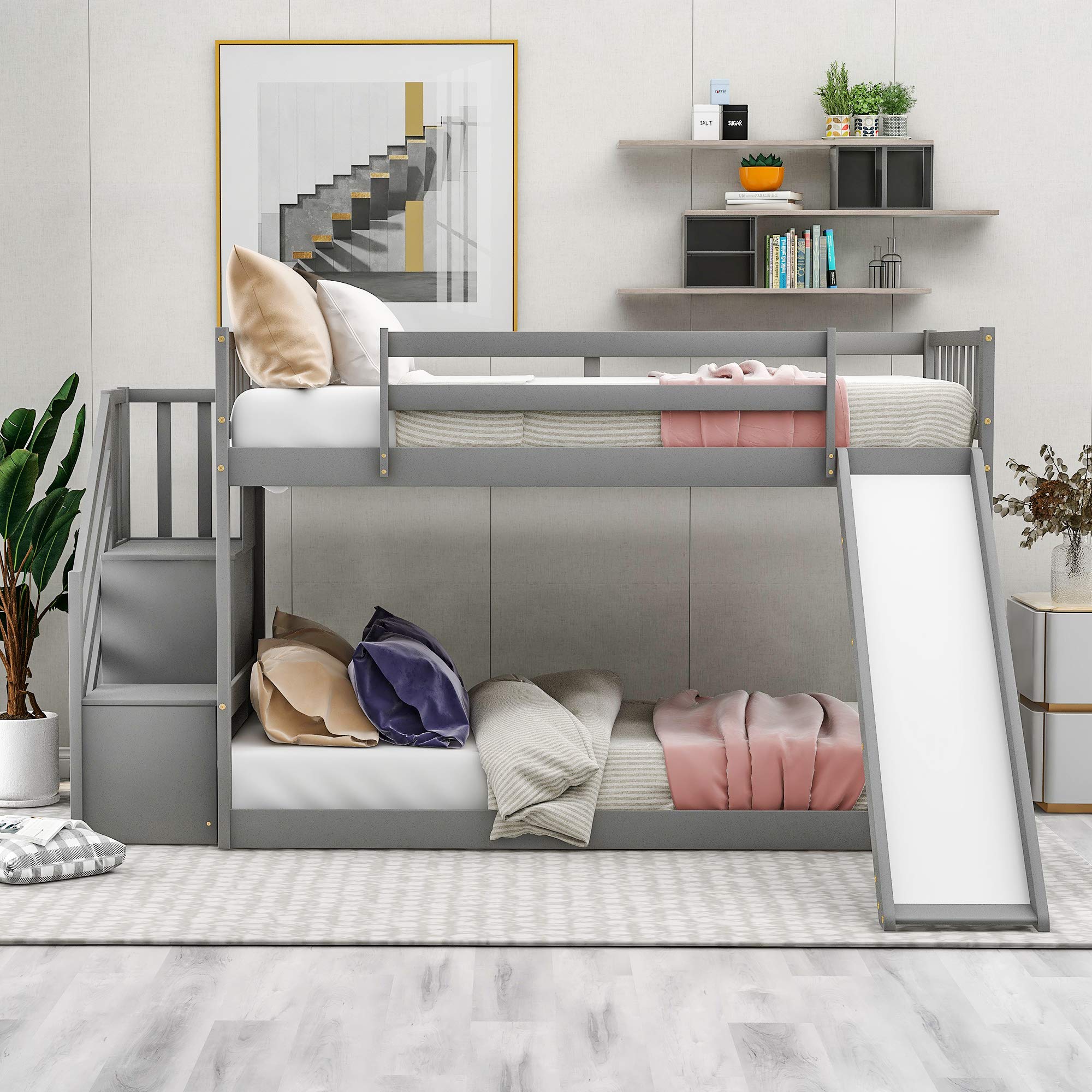 **Twin Over Twin Bunk Bed with Slide & Storage Staircase - Wooden Kids Bunk Bed Frame with Guardrails, No Box Spring Needed, Grey - Perfect for Kids' Bedrooms, Guest Rooms & Space-Saving Solutions**