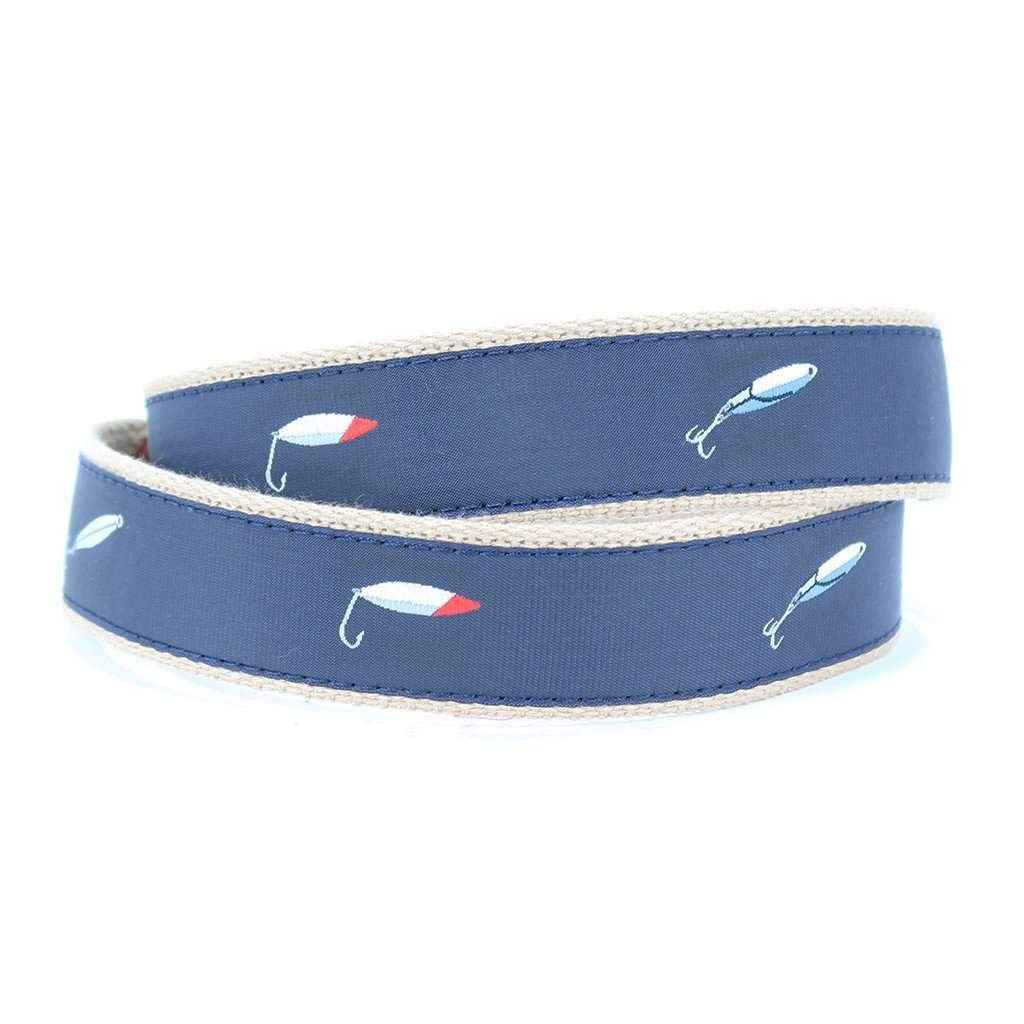COUNTRY CLUB PREP Saltwater Fishing Lures Leather Tab Belt - Navy Blue | Durable Adjustable Waistband for Boating, Fishing & Outdoor Activities