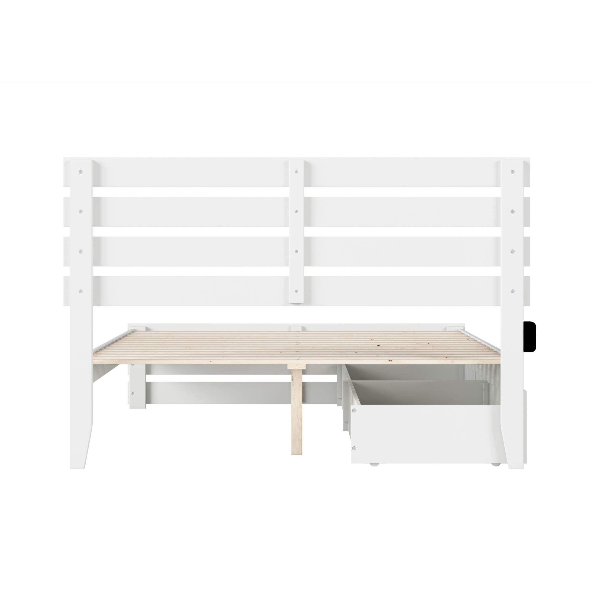 AFI Oxford Queen Size Bed Frame with Footboard, USB Turbo Charger & 2 Extra-Long Storage Drawers - White Wooden Platform Bed for Modern Bedroom & Guest Room