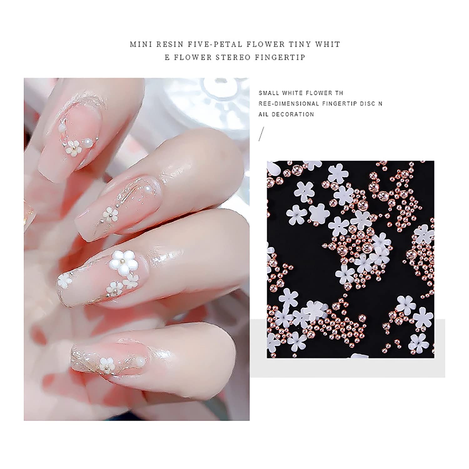 SILPECWEE 2 Boxes 3D Flower Nail Charms - Gold Nail Beads & White Floral Nail Jewelry Set with 1pc Tweezers & Picker Pencil for DIY Nail Art - Perfect for Bridal, Party, and Salon Nail Designs