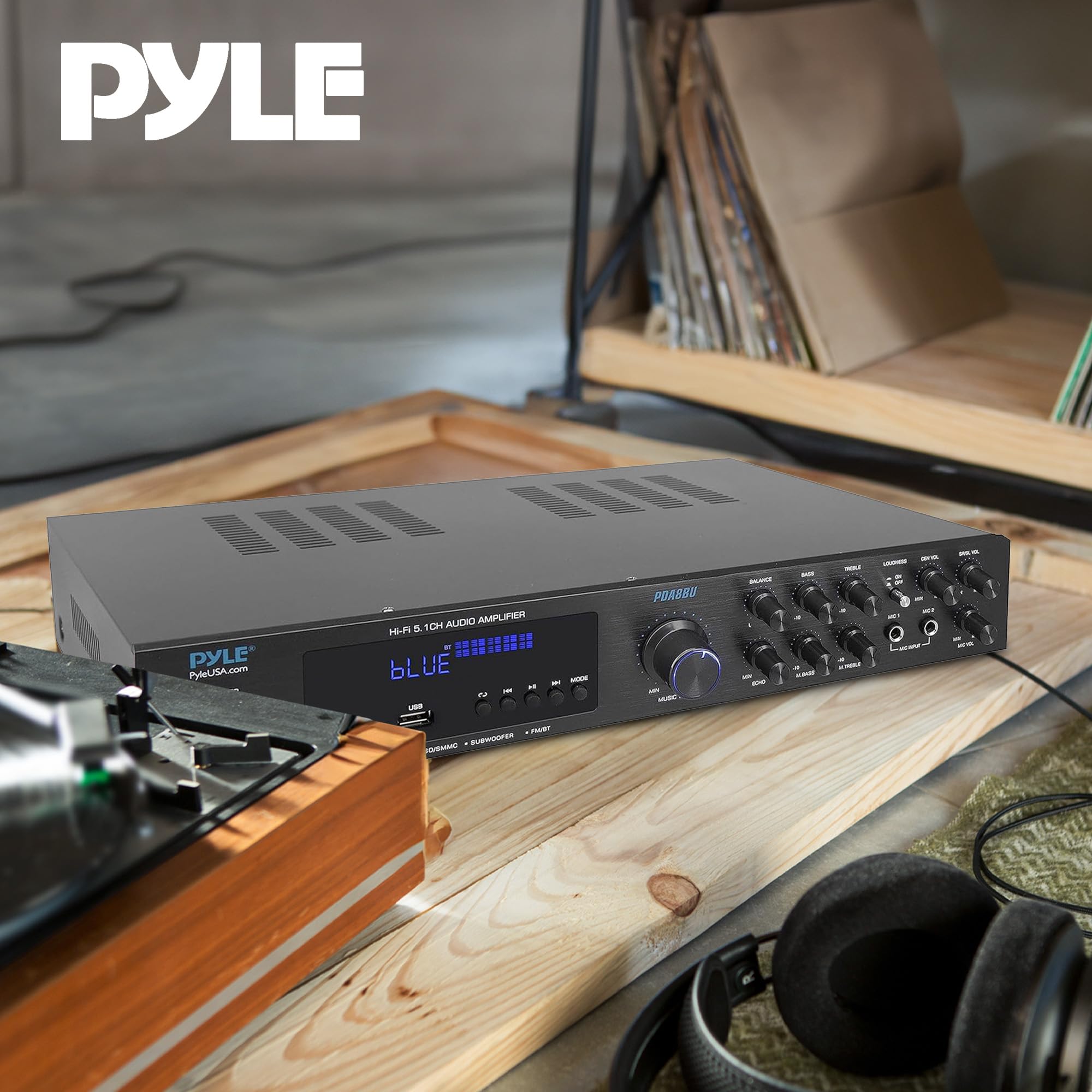 Pyle Wireless Bluetooth Audio Amplifier - 5 Channel Home Stereo Sound System with MP3/USB/SD/AUX/FM Radio - 1/4