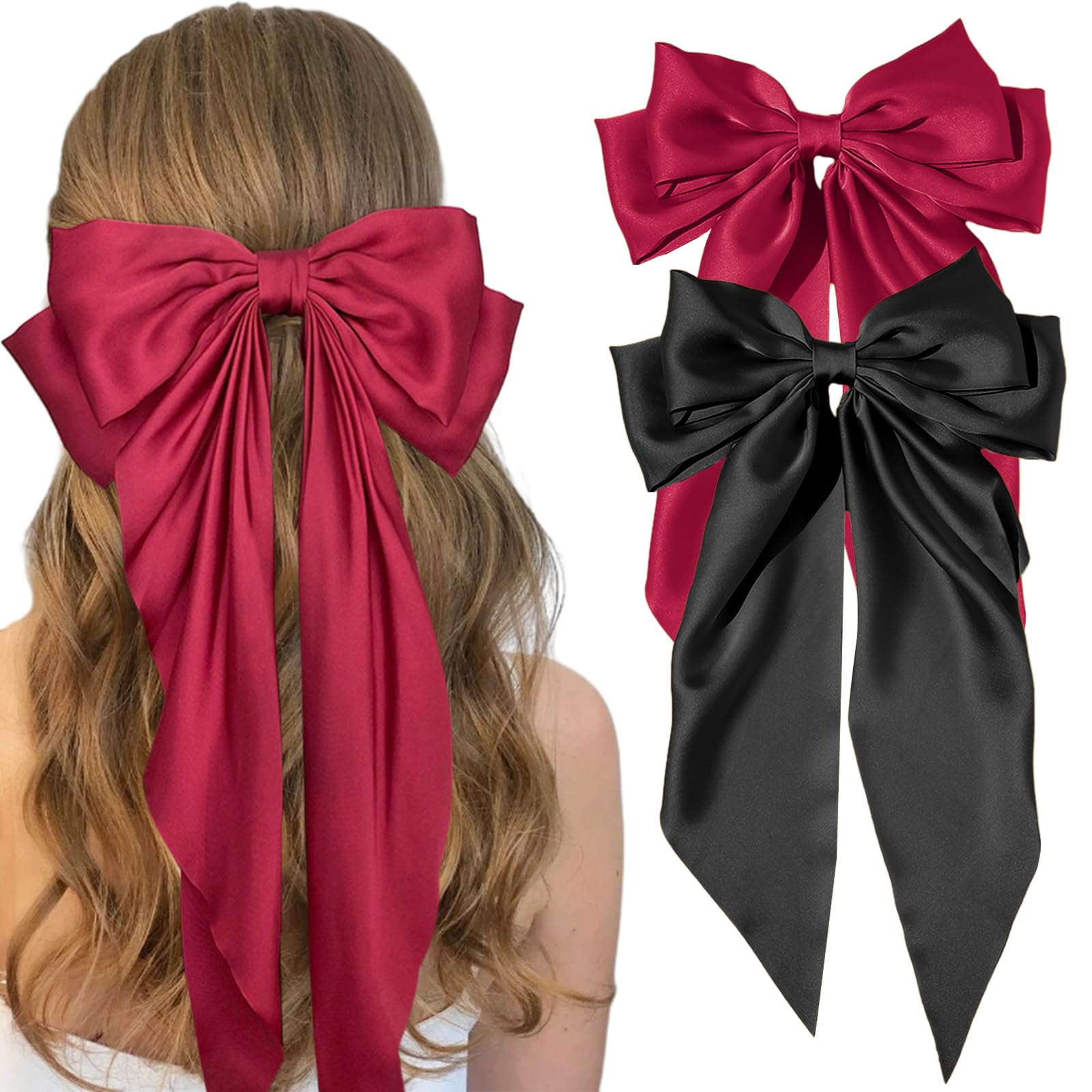 Elegant Satin Hair Bows for Women & Girls - 2 Pack Large Silky Bow Hair Clips with Metal Clips & Long Tails - Perfect Hair Accessories for Parties, Weddings & Birthday Gifts (Black & Red)