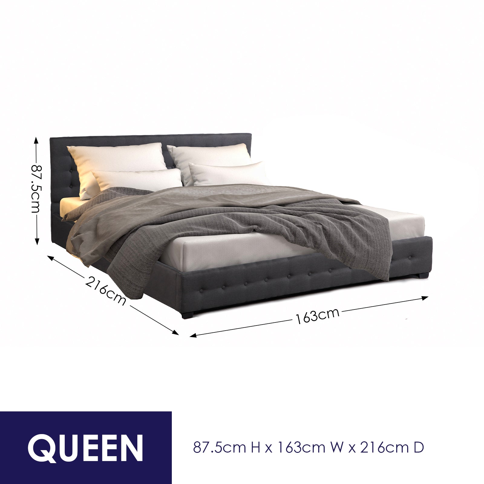 Decor Eden Gas Lift Storage Bed Frame - Dark Grey Queen Size, Upholstered Platform Bed with Hydraulic Lift Mechanism for Bedroom & Guest Room
