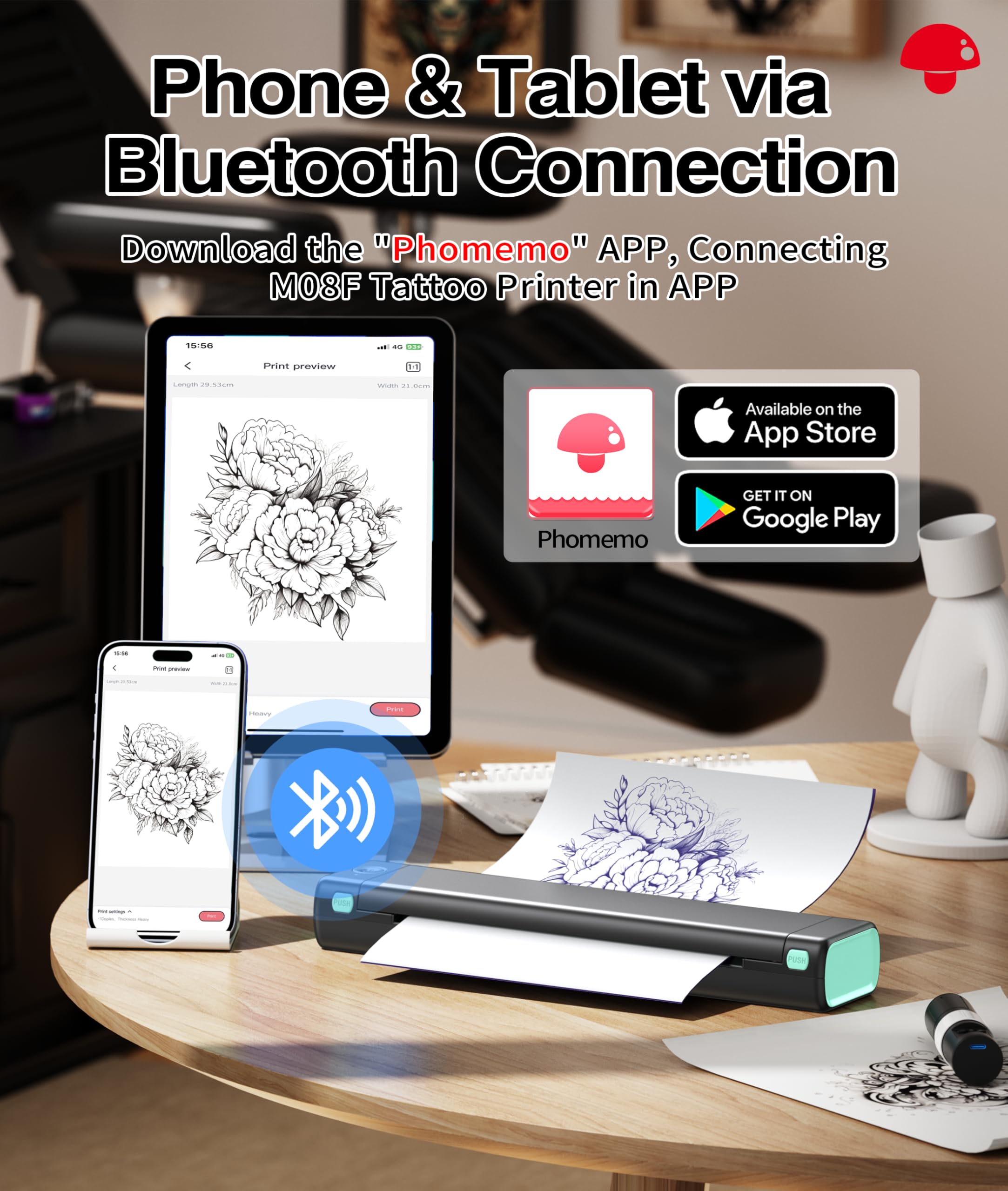 Phomemo Wireless Tattoo Stencil Printer Kit - Bluetooth Thermal Transfer Machine with Storage Case & 10 Sheets Tattoo Transfer Paper | Compatible with iPhone, Android & PC | Perfect for Tattoo Artists & Beginners | Home Studio & Professional Tattoo Shop Use