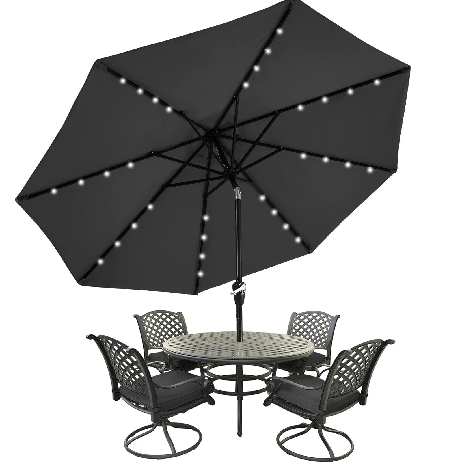 MASTERCANOPY 11ft Dark Gray Patio Umbrella with 32 Solar LED Lights - 8 Ribs Outdoor Canopy for Backyard, Poolside, Garden & Beach - Weather Resistant Sun Shade with Auto-Tilt Function