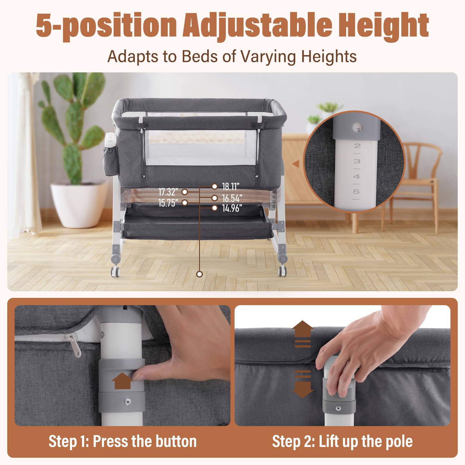 Jaoul 4-in-1 Adjustable Baby Bassinet & Bedside Sleeper - Portable Folding Crib with Comfort Mattress, Mosquito Net & Storage - Gray | Perfect for Newborns, Nursery, Co-Sleeping & Travel