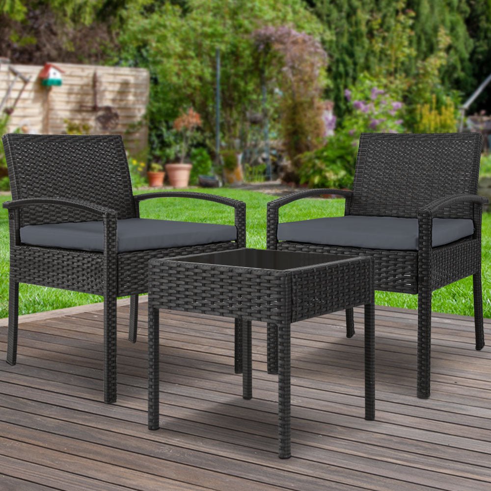 3-Piece Patio Furniture Bistro Set - Black Wicker Outdoor Lounge Chairs & Table for Garden, Balcony, or Backyard Relaxation