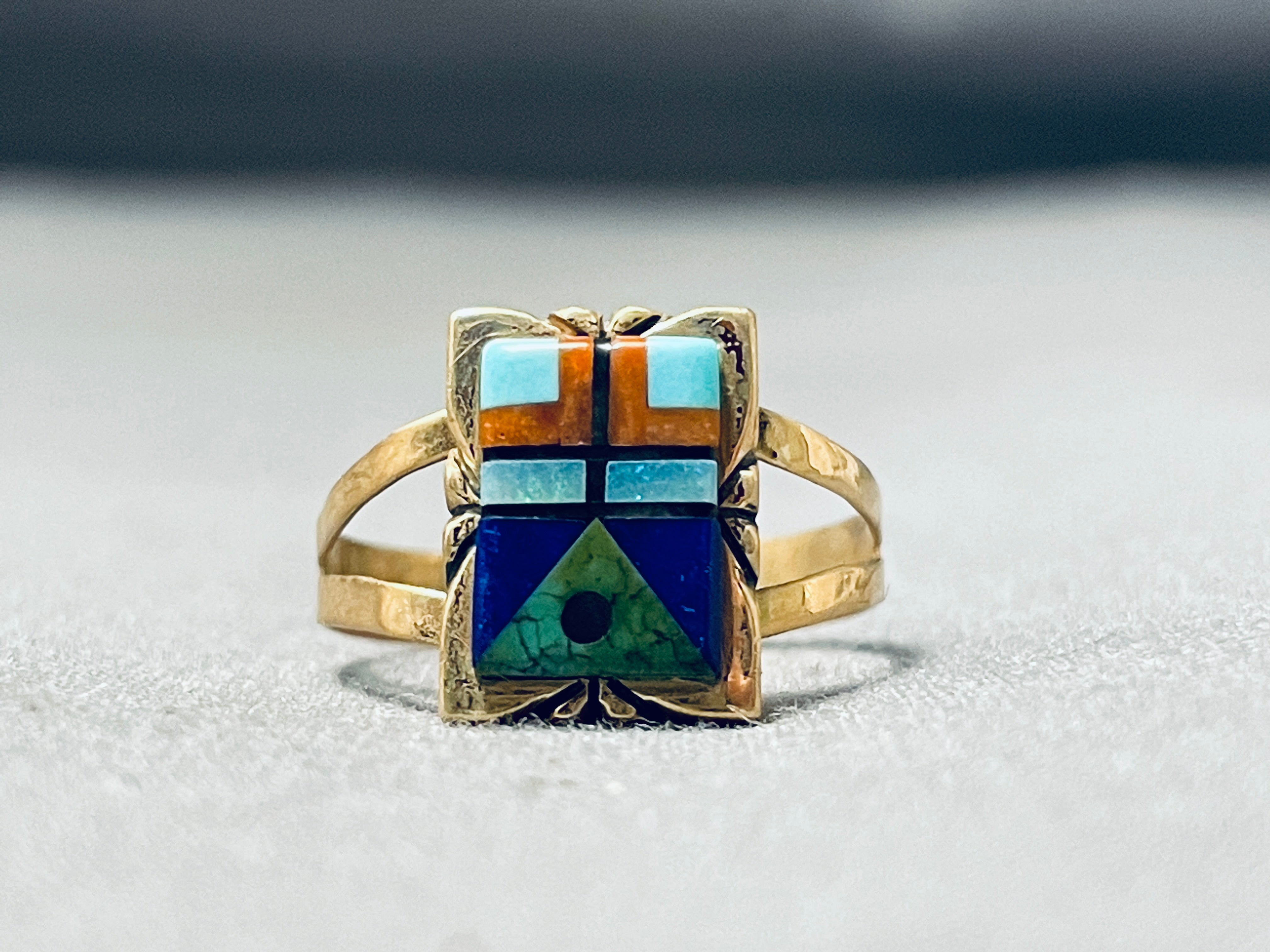 14K Gold Vintage Signed Navajo Turquoise Inlay Ring - Authentic Native American Jewelry for Women, Handmade Southwest Style, Perfect for Boho Fashion & Special Occasions