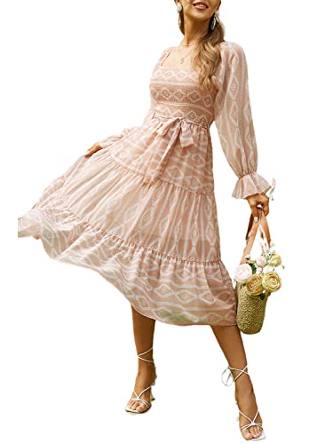 Amegoya Women's Bohemian Flowy Long Sleeve Square Neck Maxi Dress for Fall Wedding Guest, Beach Vacation & Special Occasions