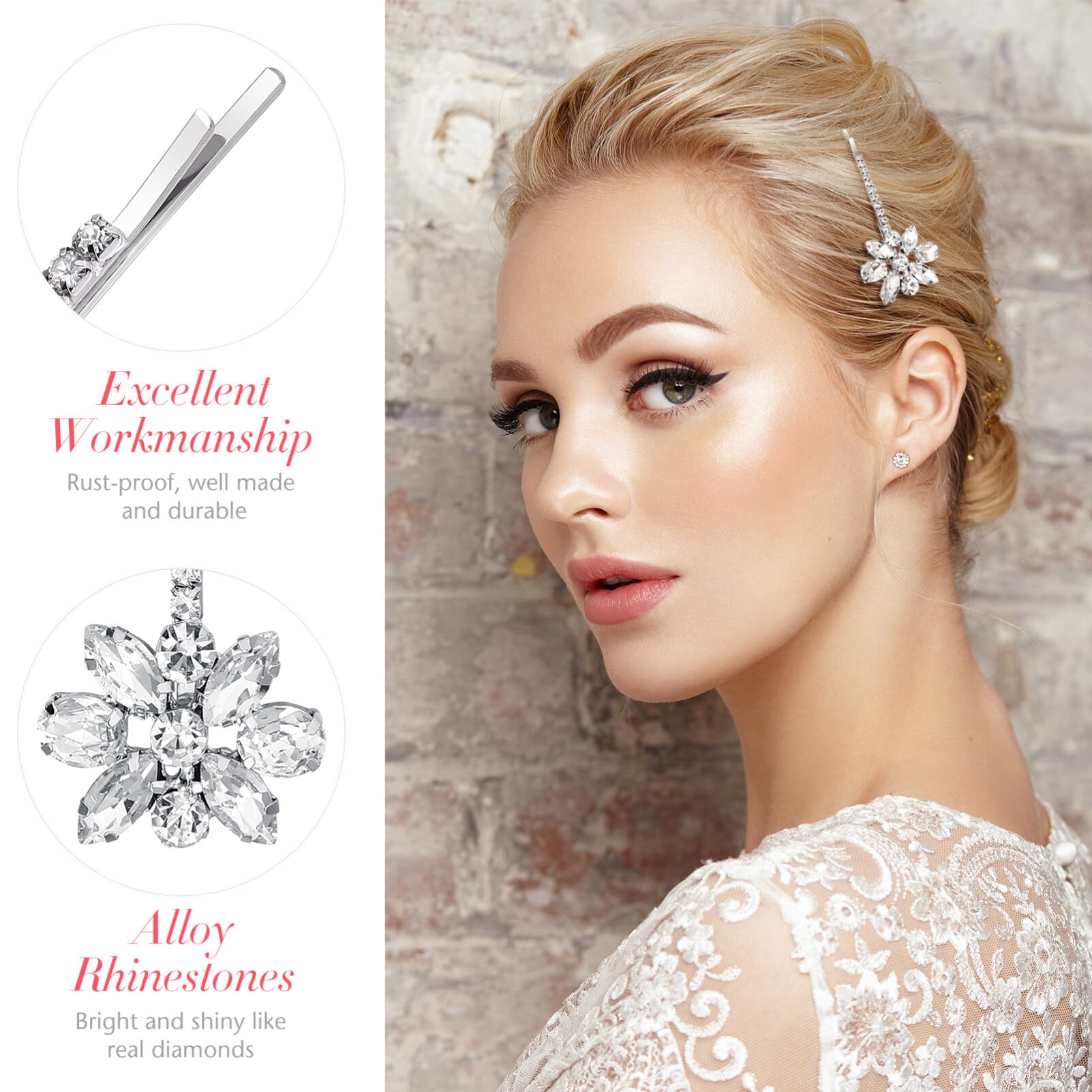 Elegant Crystal Flower Hair Pins - Rhinestone Floral Bobby Pins for Women | Bridal Hair Accessories | Wedding, Prom & Party Hair Clips (Silver)