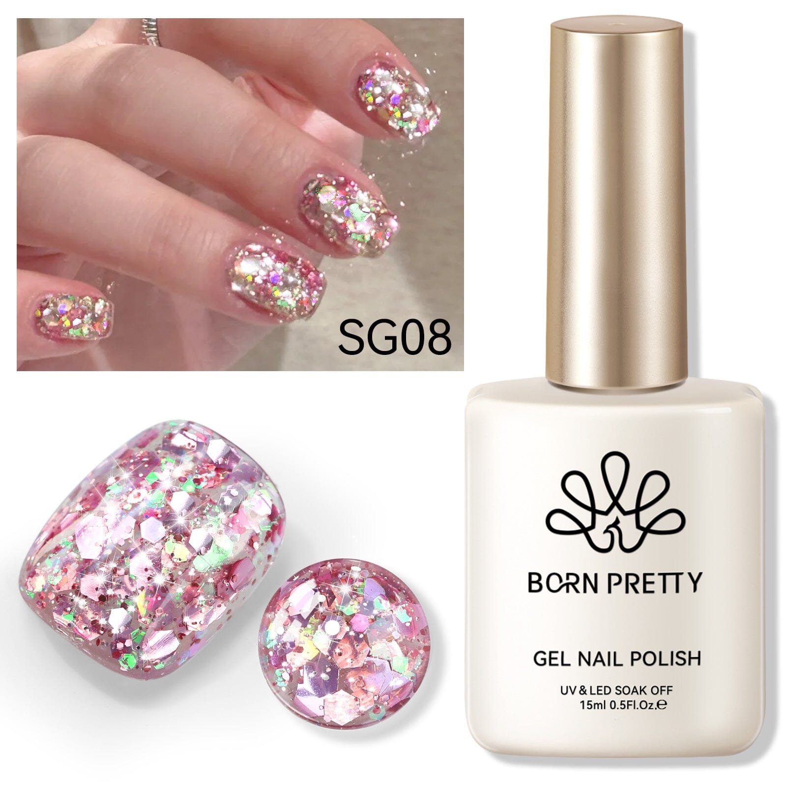 Rose Gold Glitter Gel Nail Polish - Fantasy Dream SG08, 15ml Long Lasting & High Shine for Manicures & Pedicures - Perfect for Parties, Weddings & Special Occasions