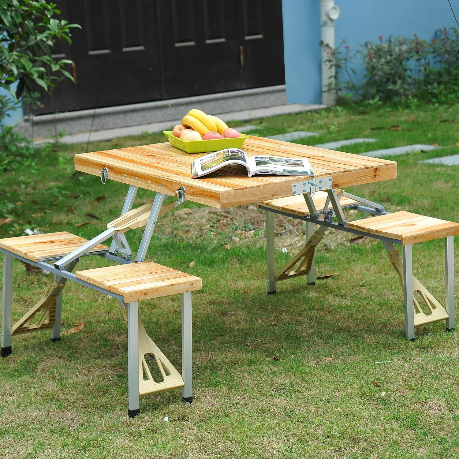 Portable Folding Picnic Table Set with 4 PP Seats & Aluminum Legs - Outdoor Camping, Garden & Patio Furniture with Umbrella Hole - Perfect for BBQs, Beach Trips & Backyard Gatherings