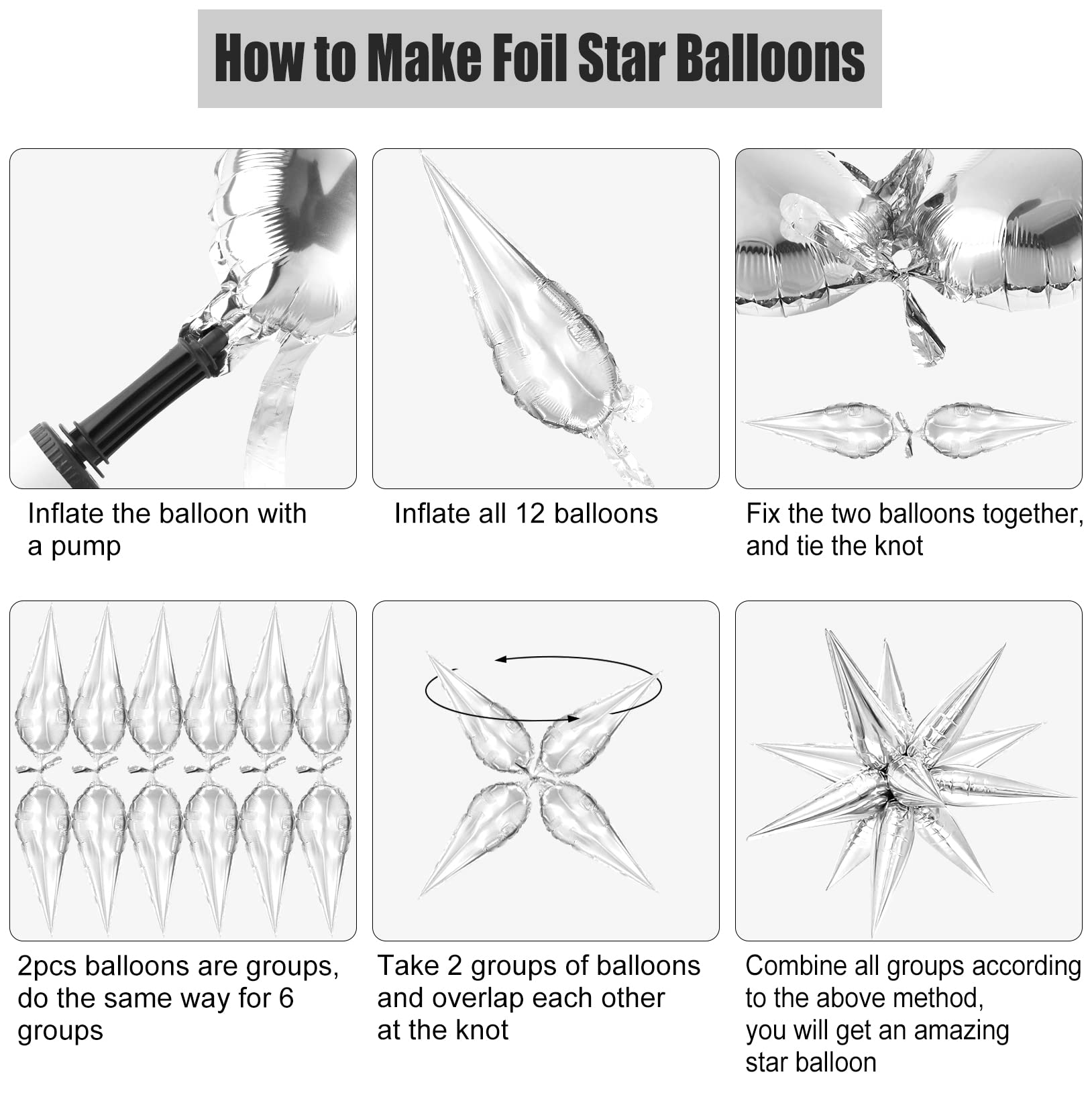 50 Pcs Silver Starburst Cone Mylar Balloons - 26 Inch Large Metallic Star Foil Balloons for Birthday, Wedding, Christmas, Baby Shower Party Decorations - Perfect for Ceiling Decor, Photo Backdrops & Event Centerpieces