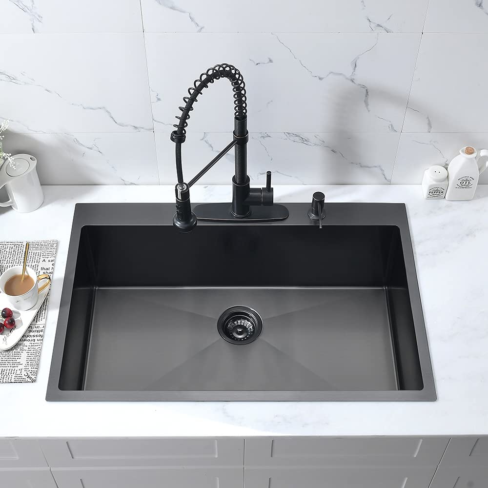 33x22 Inch Black Stainless Steel Drop-In Kitchen Sink - 16 Gauge Deep Matte Black Single Bowl with Dish Grid & Roll-Up Rack - Perfect for Modern Kitchens, Restaurants, and Food Prep Areas