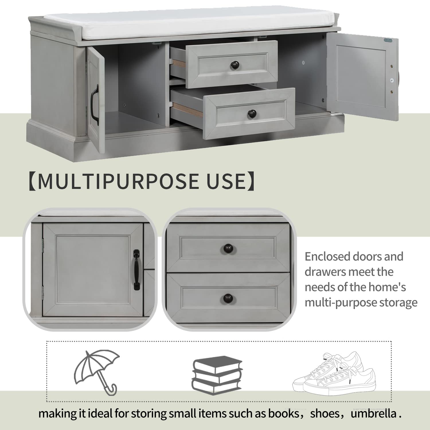 Rustic Wood Storage Bench with 2 Cabinets & 2 Drawers - Entryway Shoe Bench with Removable Cushion for Bedroom, Hallway, Living Room - Easy Assembly Required | Perfect for Organizing Shoes, Hats & Home Decor in Small Spaces