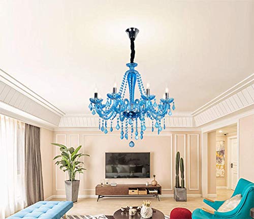 LITFAD 6-Light Rustic Crystal Chandelier - Clear Blue Tapered Candle Pendant Light with 12
