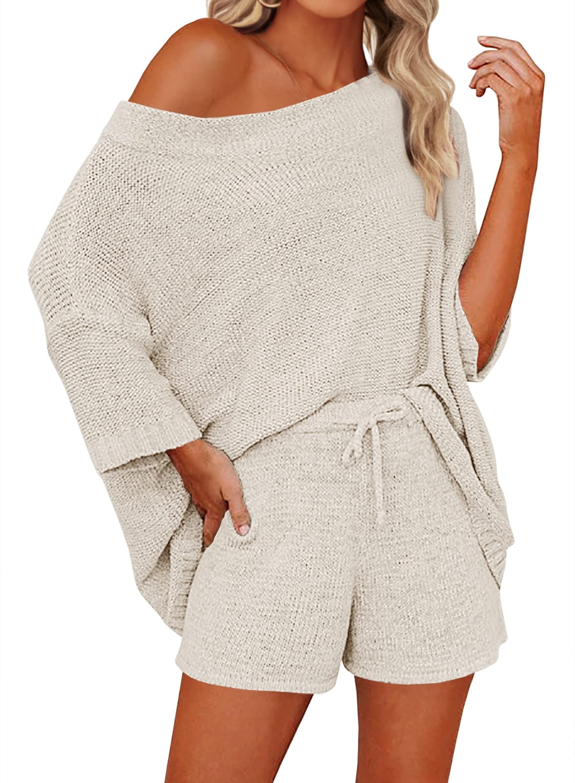 Mafulus Women's 2 Piece Sweater Set - Off Shoulder Knit Top & Shorts Matching Lounge Suit | Cozy Pajama Set for Sleepwear, Loungewear & Home Relaxation